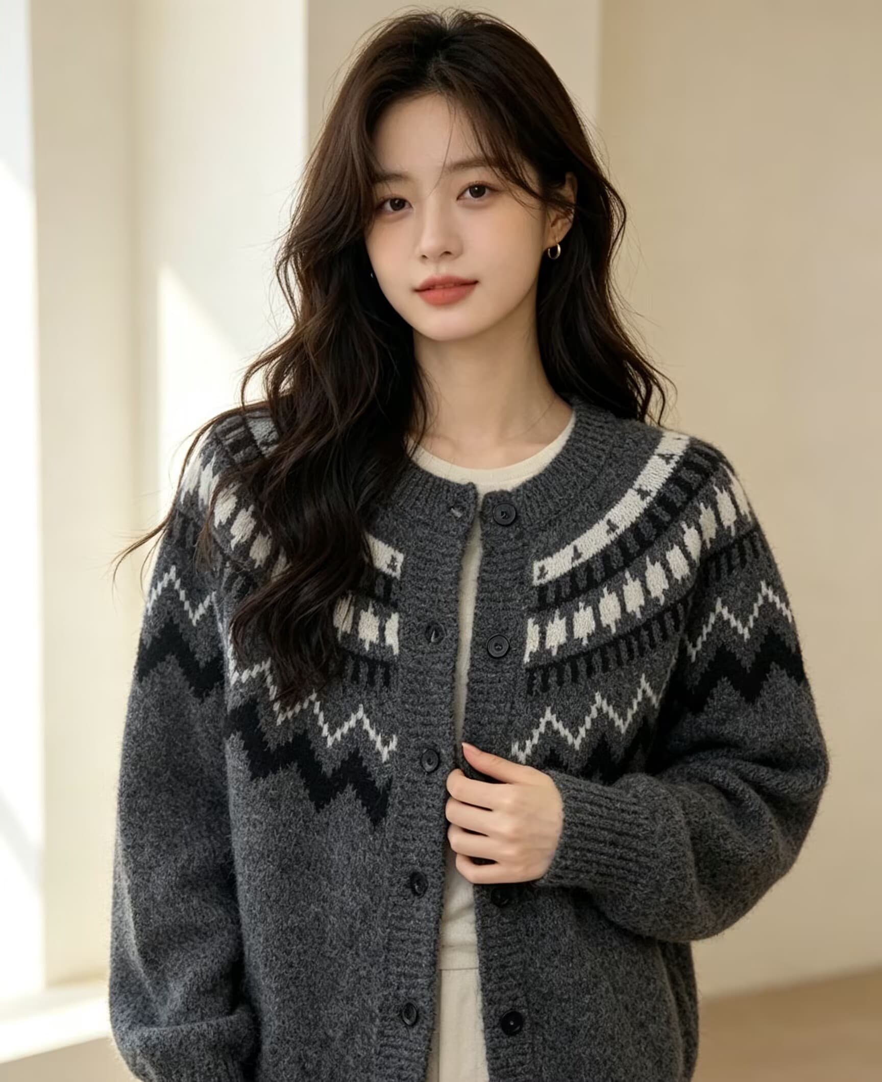 공정한 섬 라운드 넥 스웨터 여성 코트 가을 겨울 겨울 부드러운 찹쌀 루즈핏 느긋한 바람 니트 오픈 가디건 맨위 두꺼운 겨울 상세 이미지 5
