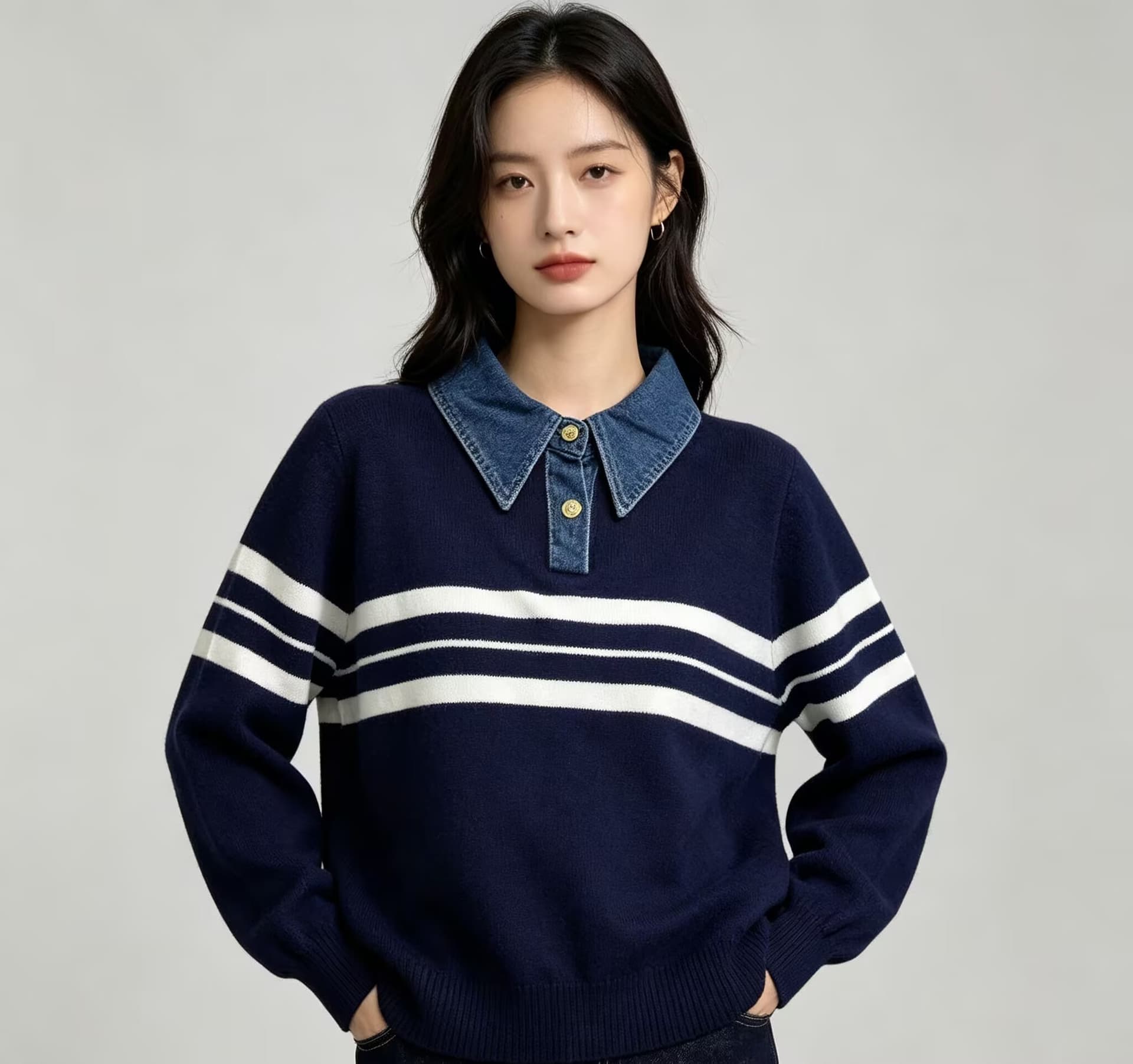 한 부서 학원 스타일 데님 칼라 흑백 줄무늬 니트 스웨터 여성 이른 가을 부드러운 슬림해 보이는 부드러운 찹쌀 풀오버 배색 스웨터