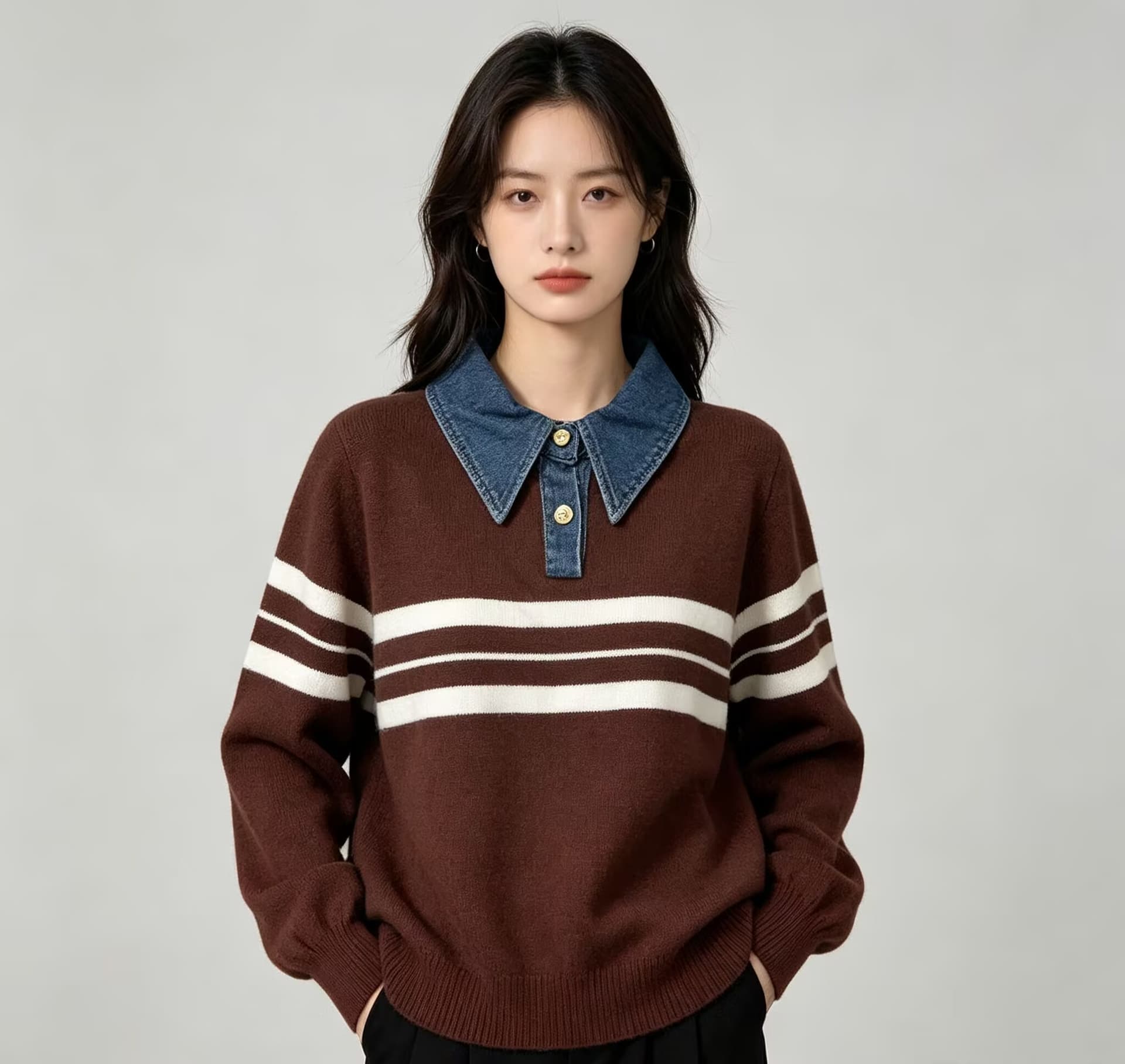 한 부서 학원 스타일 데님 칼라 흑백 줄무늬 니트 스웨터 여성 이른 가을 부드러운 슬림해 보이는 부드러운 찹쌀 풀오버 배색 스웨터 상세 이미지 5