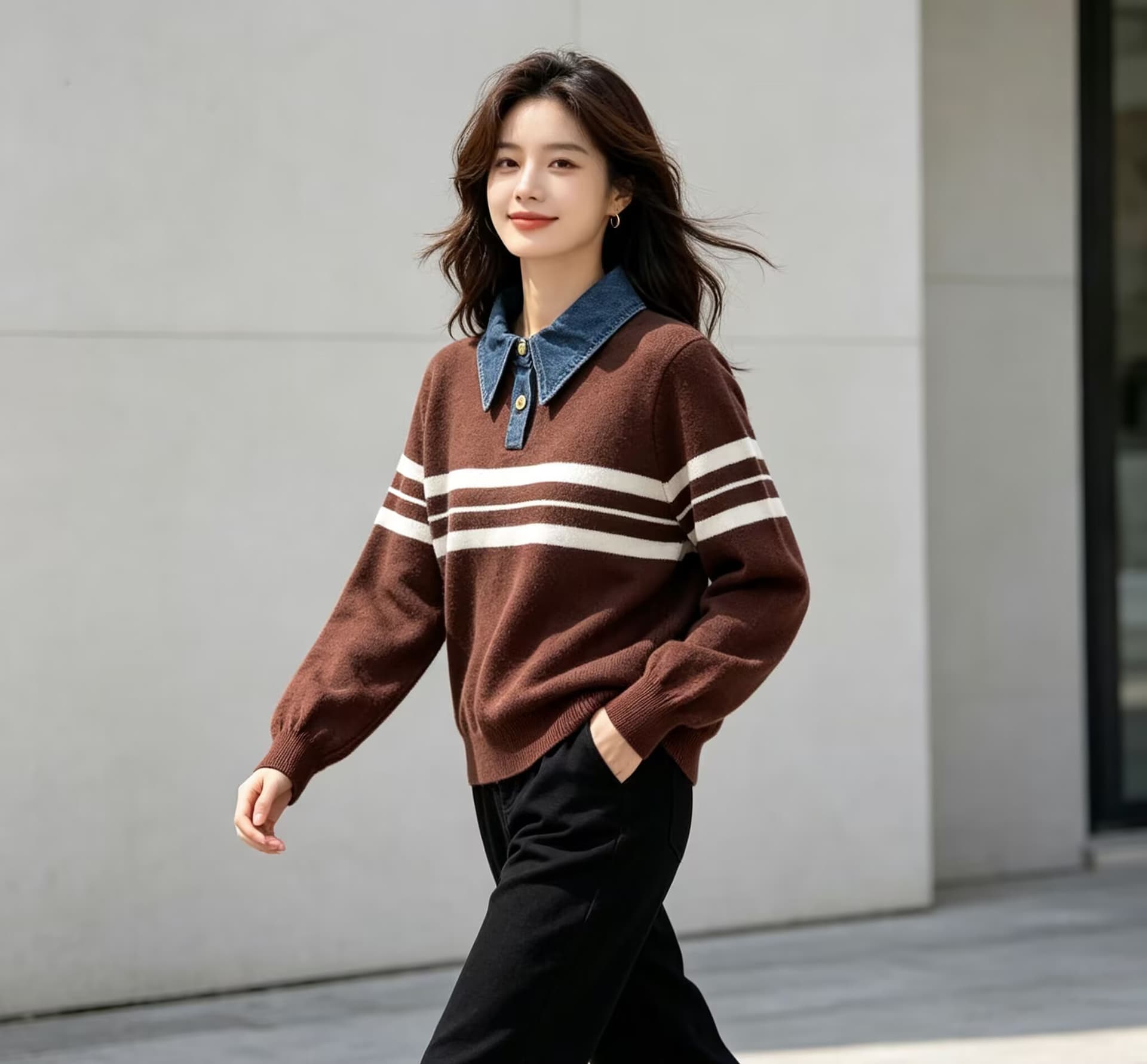 한 부서 학원 스타일 데님 칼라 흑백 줄무늬 니트 스웨터 여성 이른 가을 부드러운 슬림해 보이는 부드러운 찹쌀 풀오버 배색 스웨터 상세 이미지 8