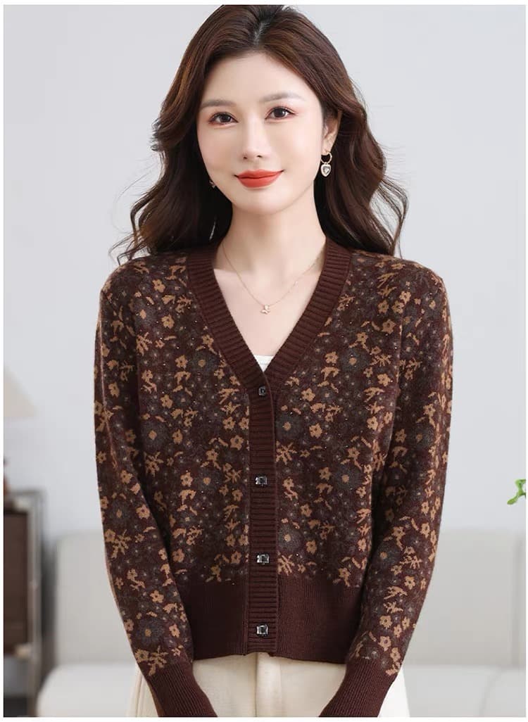 V넥 니트 오픈 가디건 여성 봄 가을 새로운 자카드 스웨터 패션 다용도 쇼트 스타일 카디건 재킷 상세 이미지 20