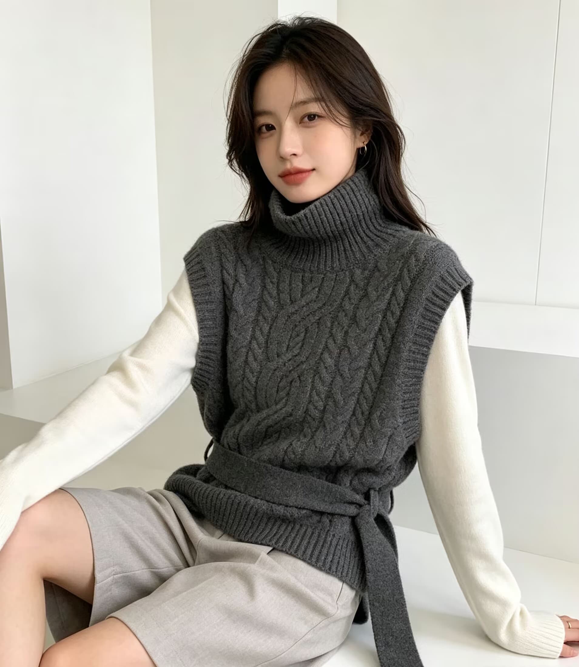 한국 스타일 터틀넥 니트 조끼 여성 고급 센스 민소매 어깨 꽈배기 스웨터 베스트 스택 착용 루즈핏 레이스업 맨위 상세 이미지 2