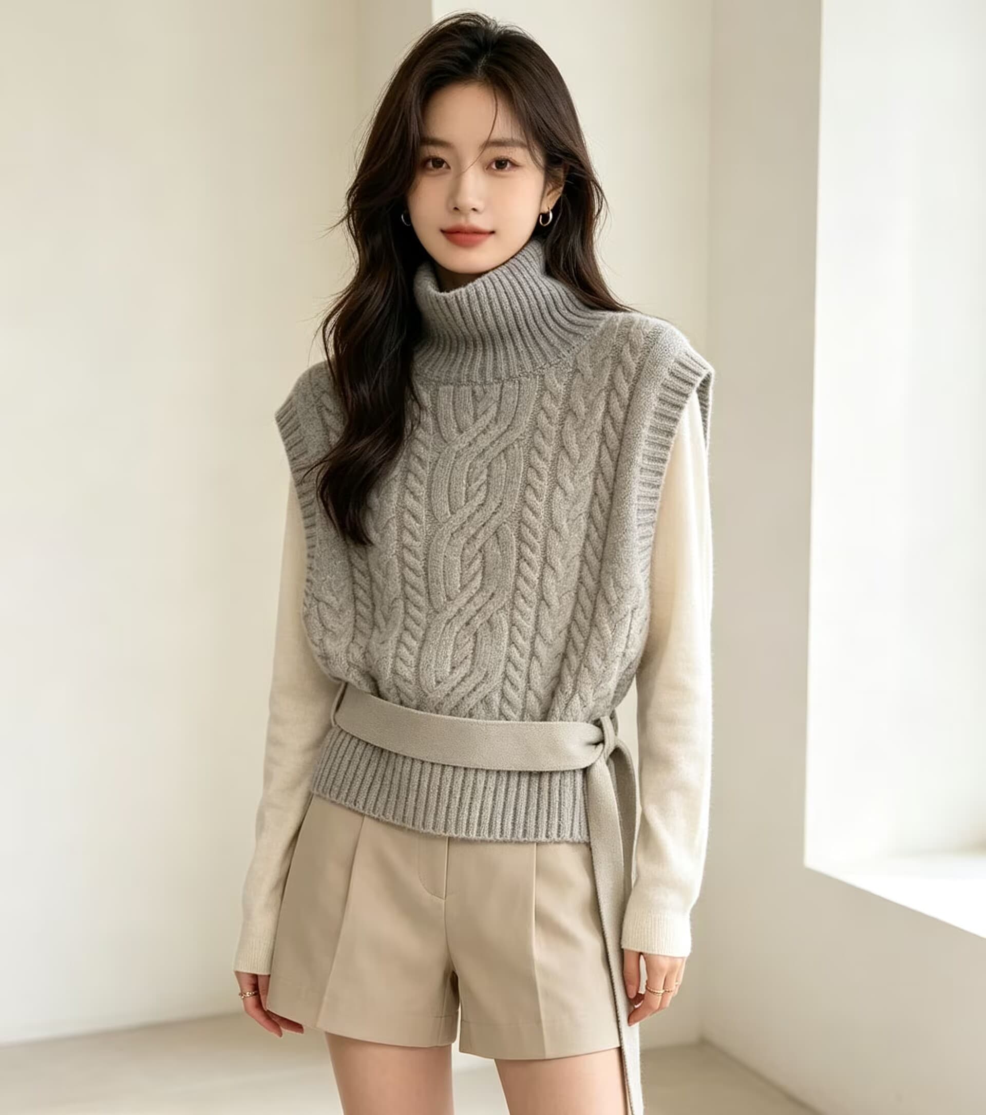 한국 스타일 터틀넥 니트 조끼 여성 고급 센스 민소매 어깨 꽈배기 스웨터 베스트 스택 착용 루즈핏 레이스업 맨위 상세 이미지 7