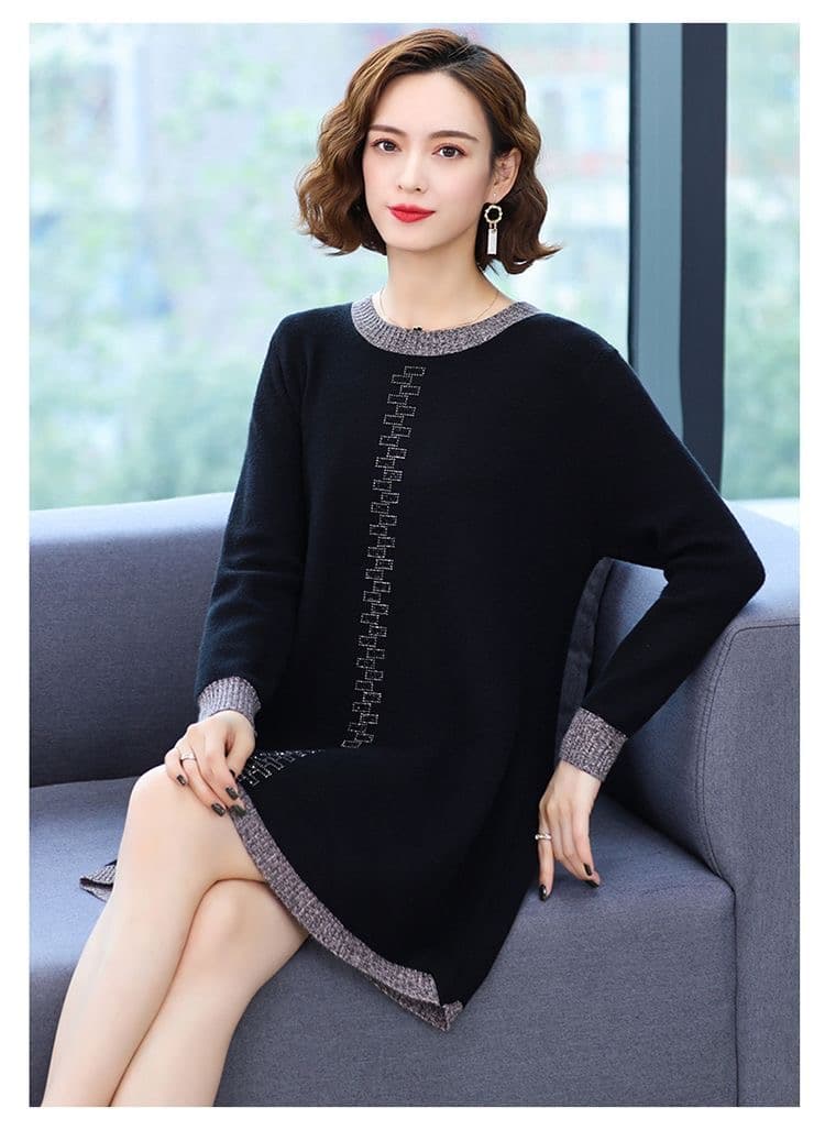 비료 추가 XL 루즈핏 표지 배 중년 여자 중간 롱 코트 스웨터 가을 겨울 새로운 라운드 넥 다용도 만나는 스웨터 드레스 상세 이미지 14