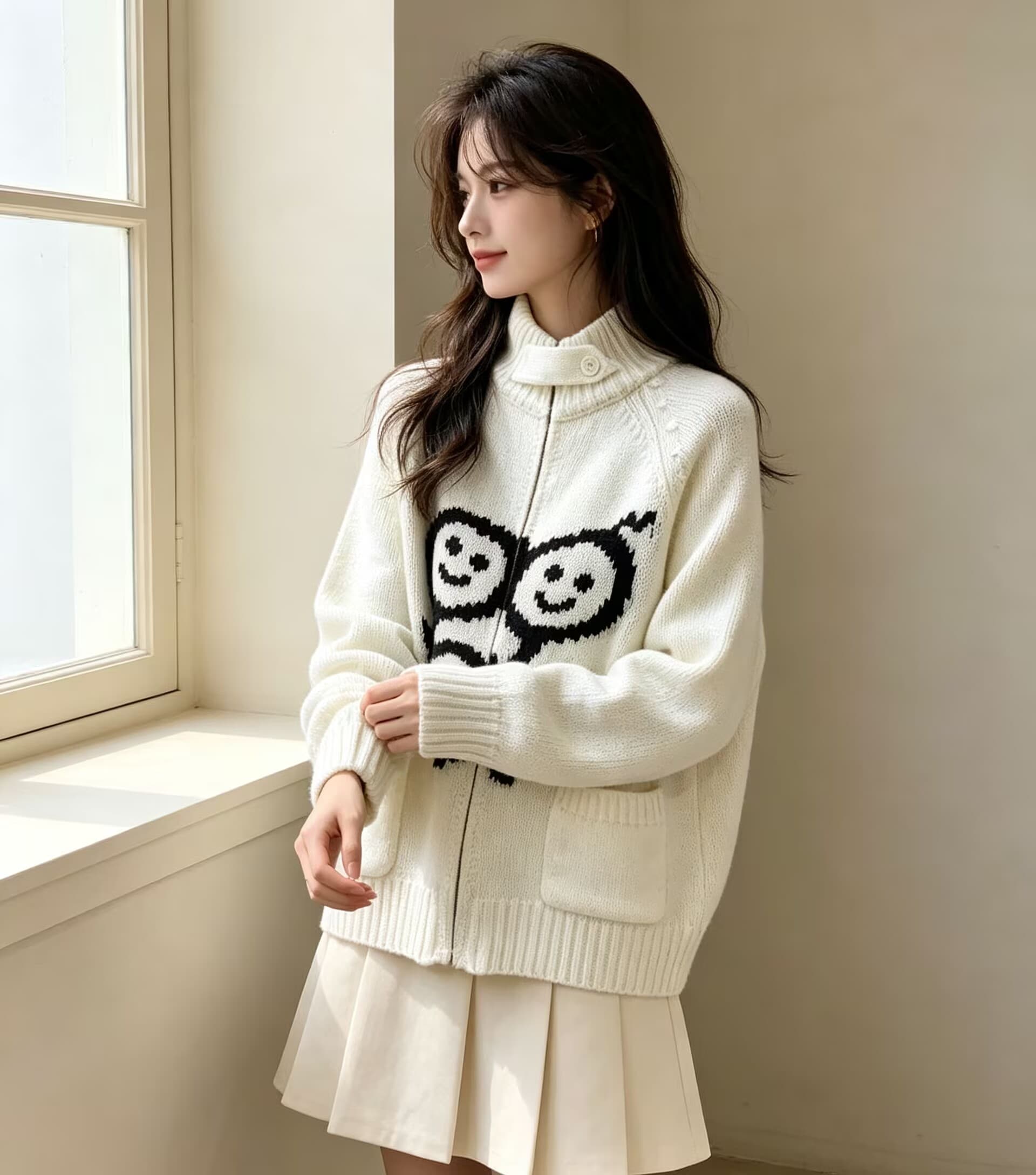 한 부서 작은 대중 무대 로드 중 재미있는 작은 남자 자카드 더블 주머니 스탠드 칼라 쇼트 스타일 지퍼 니트 카디건 코트 남녀 이미지 2