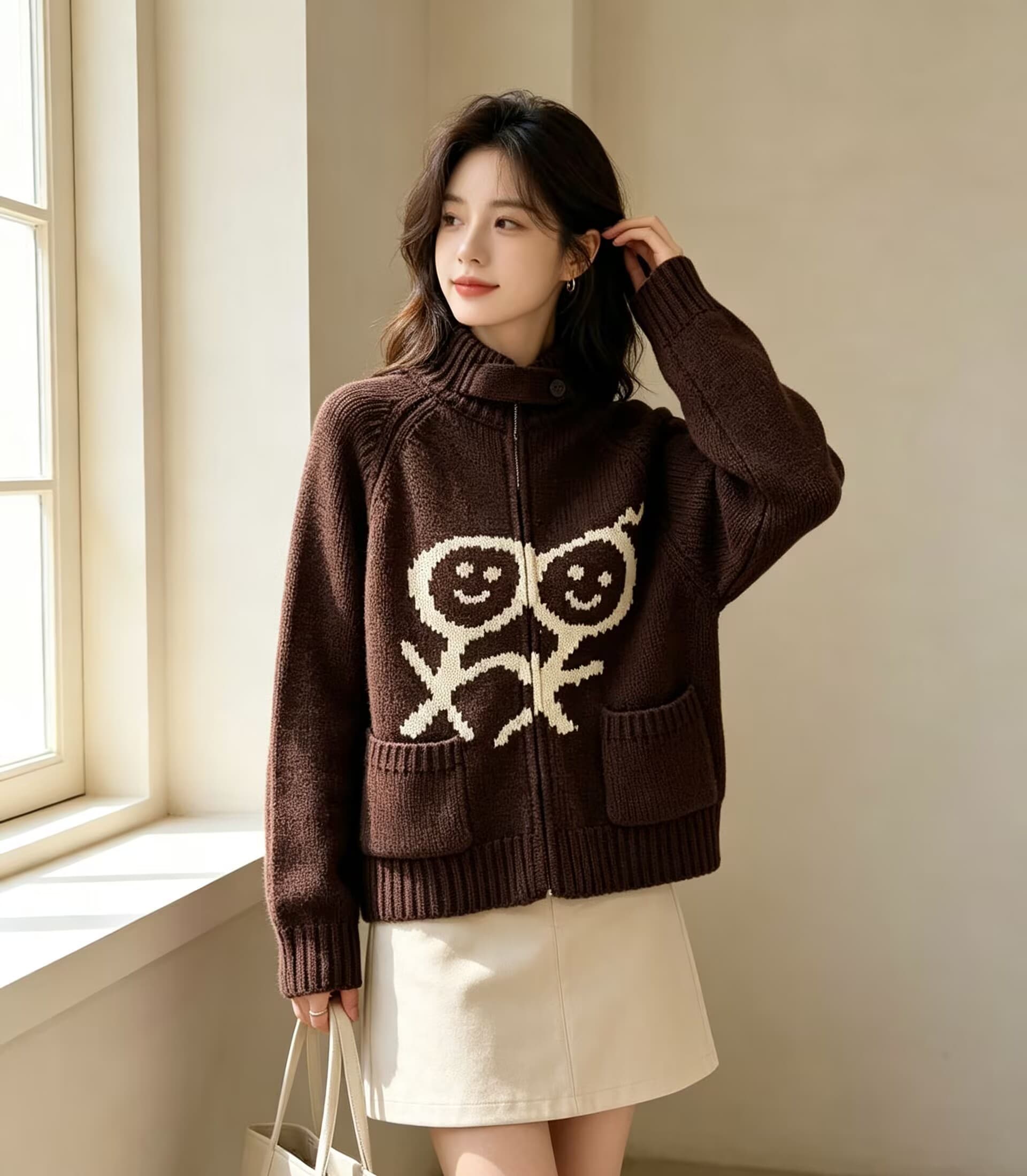 한 부서 작은 대중 무대 로드 중 재미있는 작은 남자 자카드 더블 주머니 스탠드 칼라 쇼트 스타일 지퍼 니트 카디건 코트 남녀 상세 이미지 9