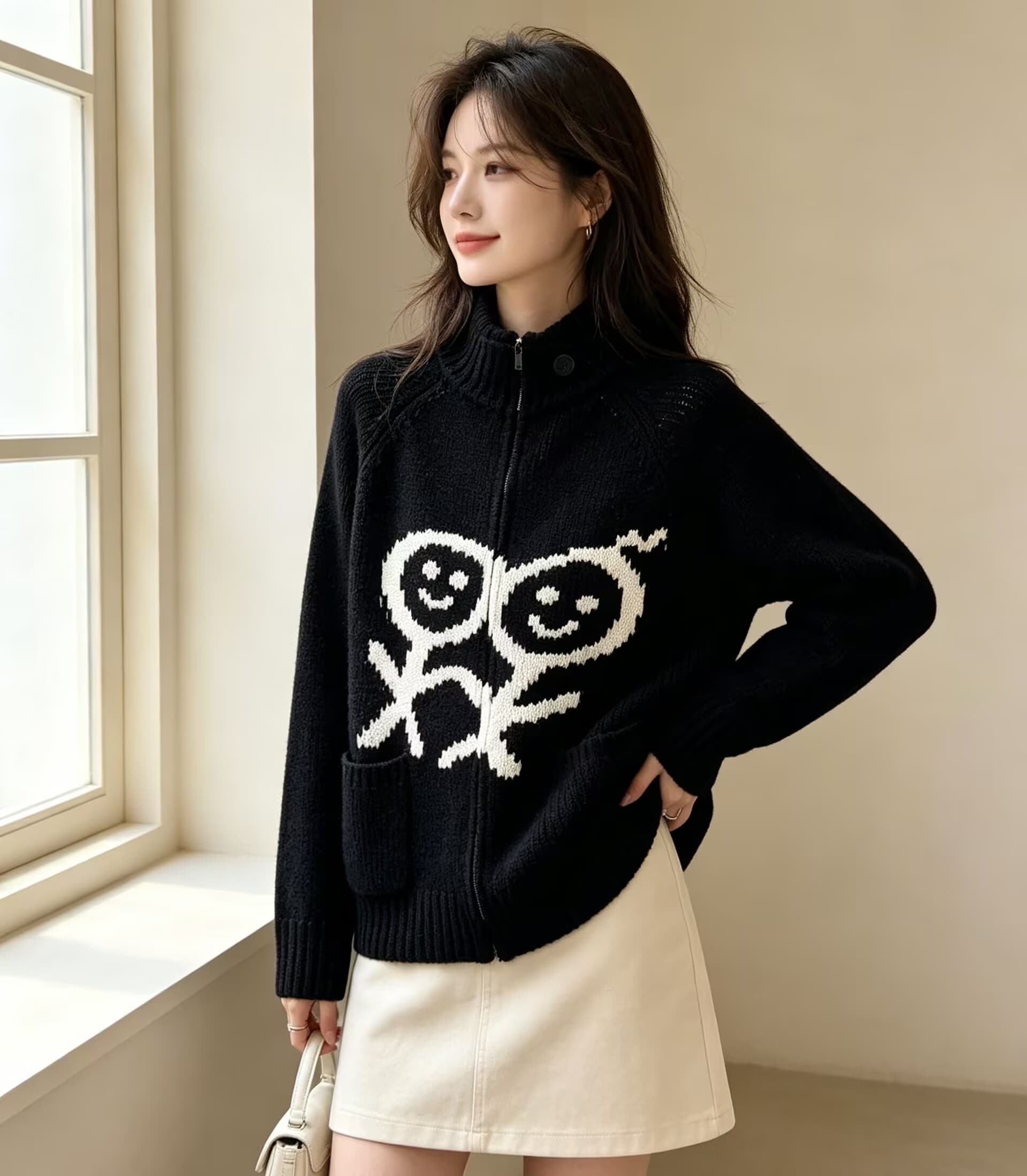 한 부서 작은 대중 무대 로드 중 재미있는 작은 남자 자카드 더블 주머니 스탠드 칼라 쇼트 스타일 지퍼 니트 카디건 코트 남녀 상세 이미지 18