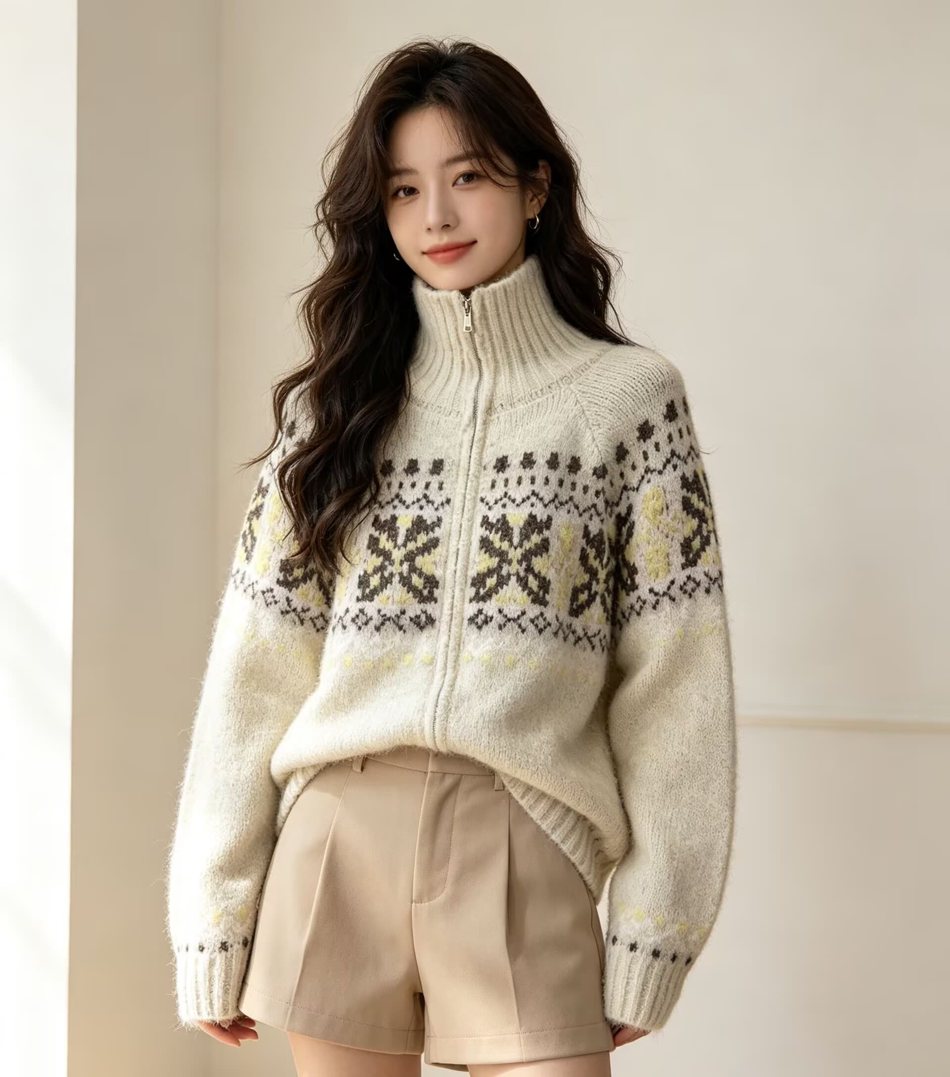 프랑스식 레트로 폴로 칼라 더블 지퍼 자카드 디자인 센스 니트 오픈 가디건 여성 느긋한 루즈핏 스웨터 코트 맨위 트렌디 상세 이미지 5