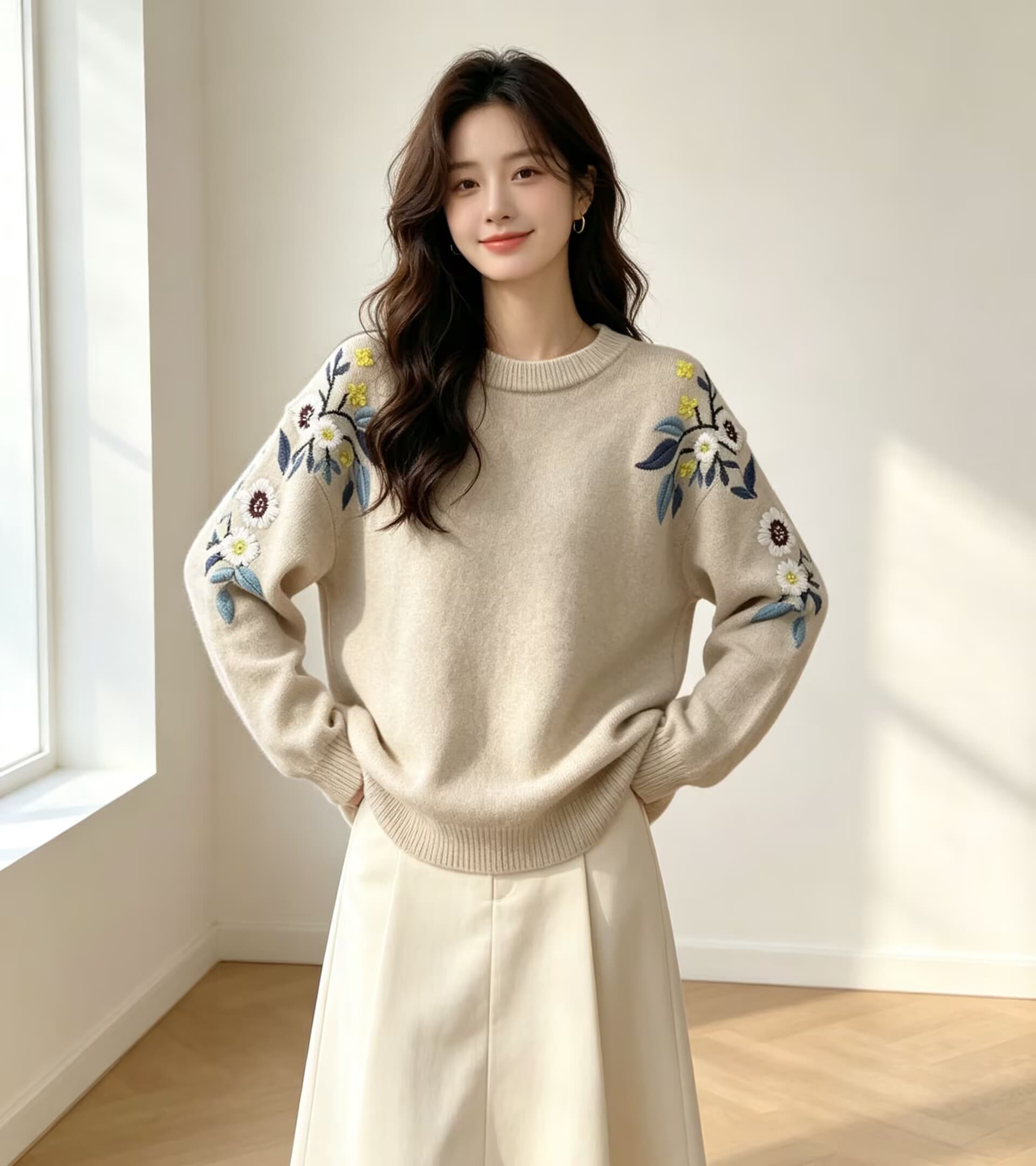 가을 겨울 무거운 작업 꽃 자수 양모 스웨터 여성 양모 라운드 넥 루즈핏 스웨터 이미지 4
