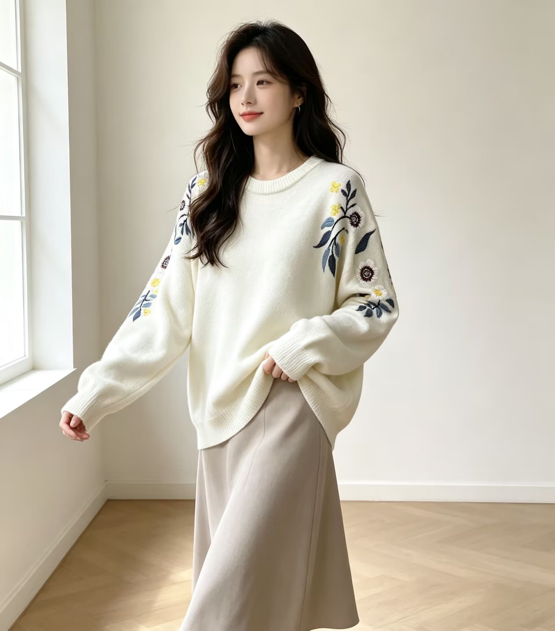 가을 겨울 무거운 작업 꽃 자수 양모 스웨터 여성 양모 라운드 넥 루즈핏 스웨터 상세 이미지 1
