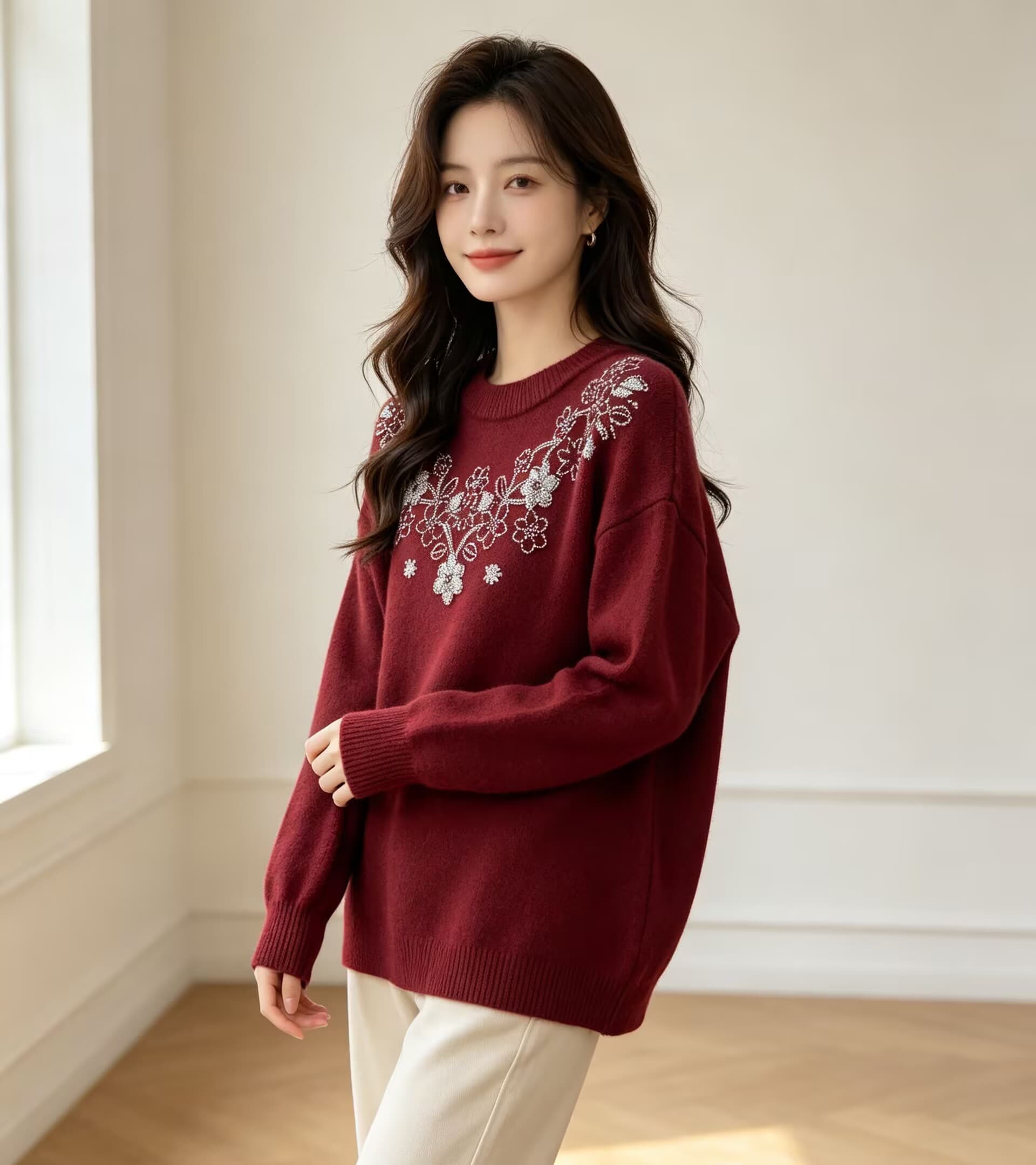 느긋한 부드러운 바람 3 차원 핫픽스 스웨터 여자 가을 느긋한 느슨함 빅 사이즈 지방 mm 라운드 넥 슬림해 보이는 니트 맨위 상세 이미지 4
