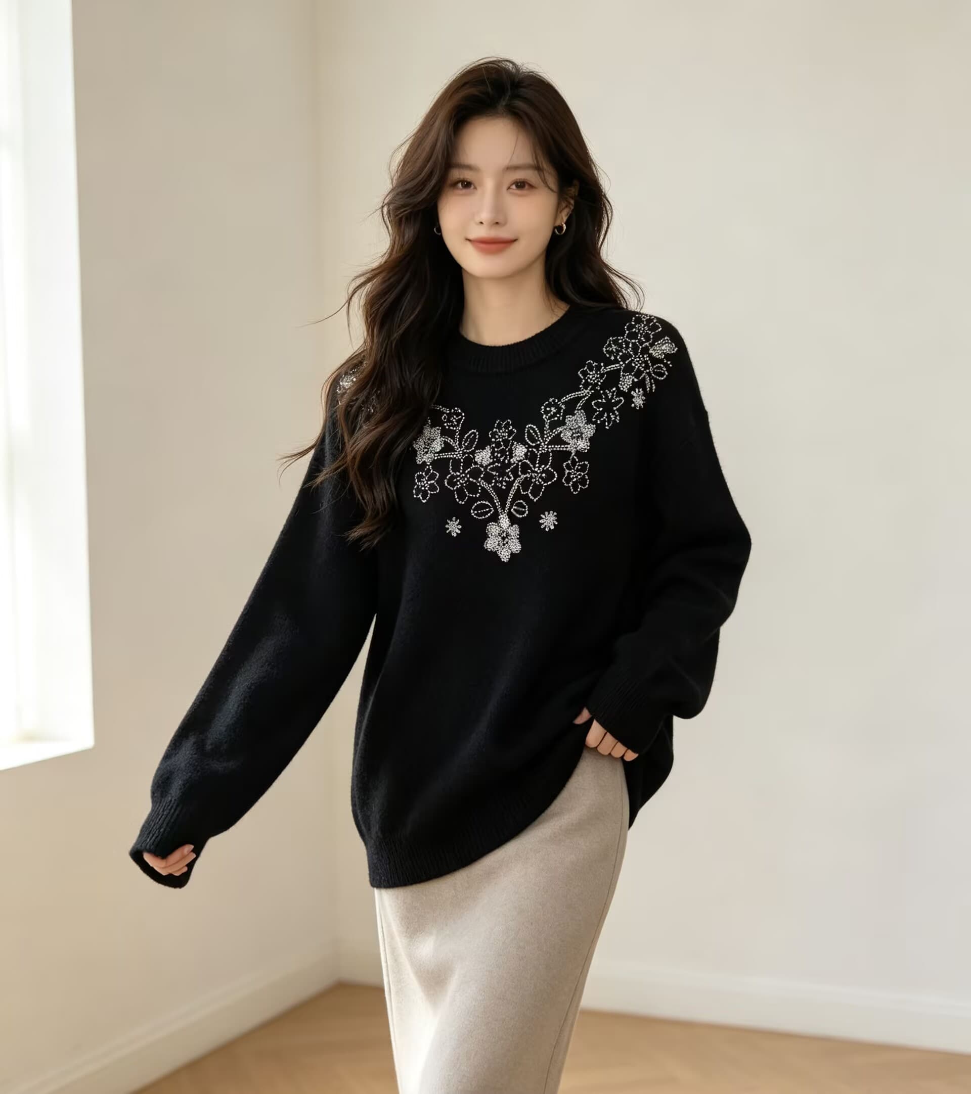 느긋한 부드러운 바람 3 차원 핫픽스 스웨터 여자 가을 느긋한 느슨함 빅 사이즈 지방 mm 라운드 넥 슬림해 보이는 니트 맨위 상세 이미지 6