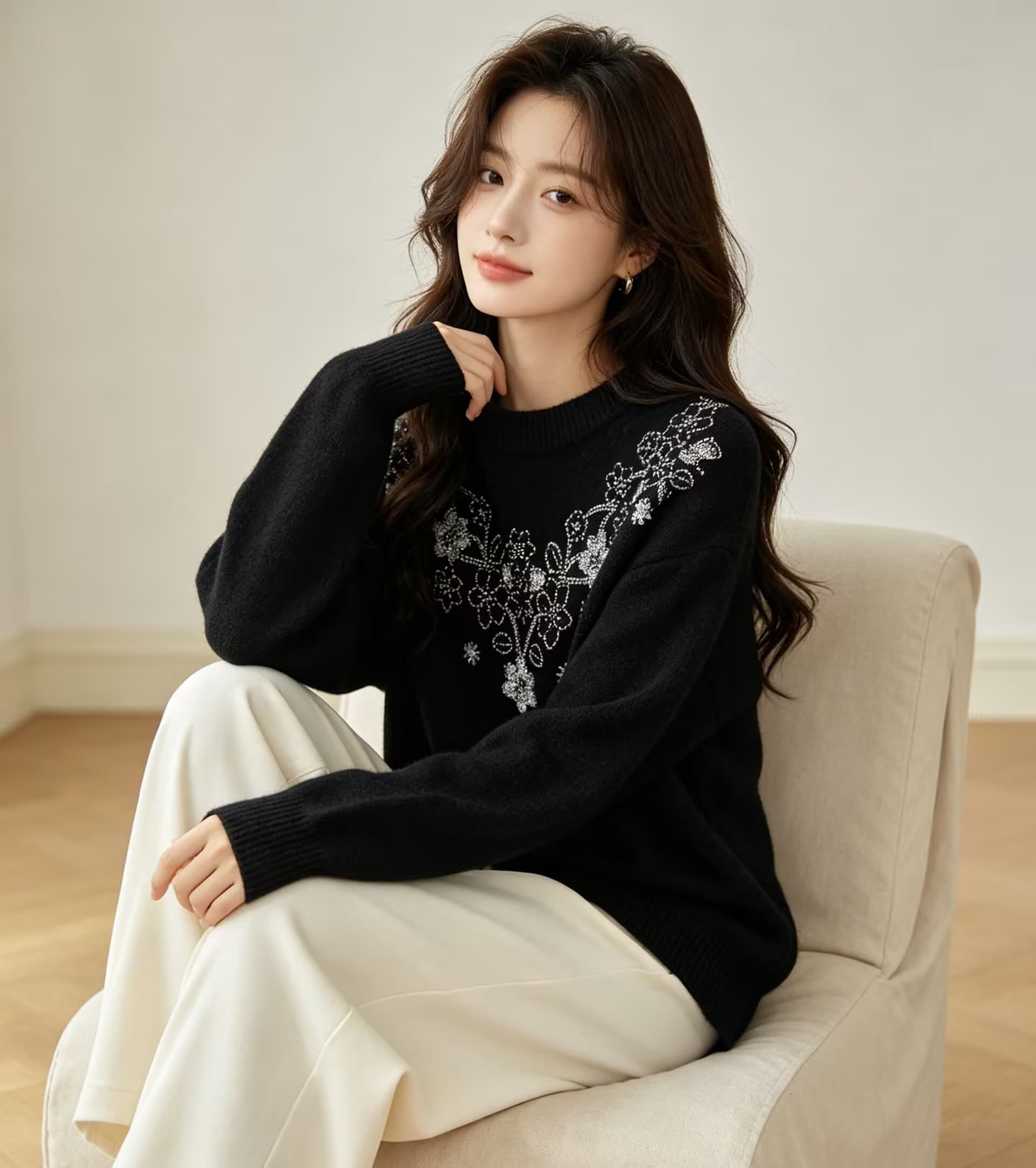 느긋한 부드러운 바람 3 차원 핫픽스 스웨터 여자 가을 느긋한 느슨함 빅 사이즈 지방 mm 라운드 넥 슬림해 보이는 니트 맨위 상세 이미지 7