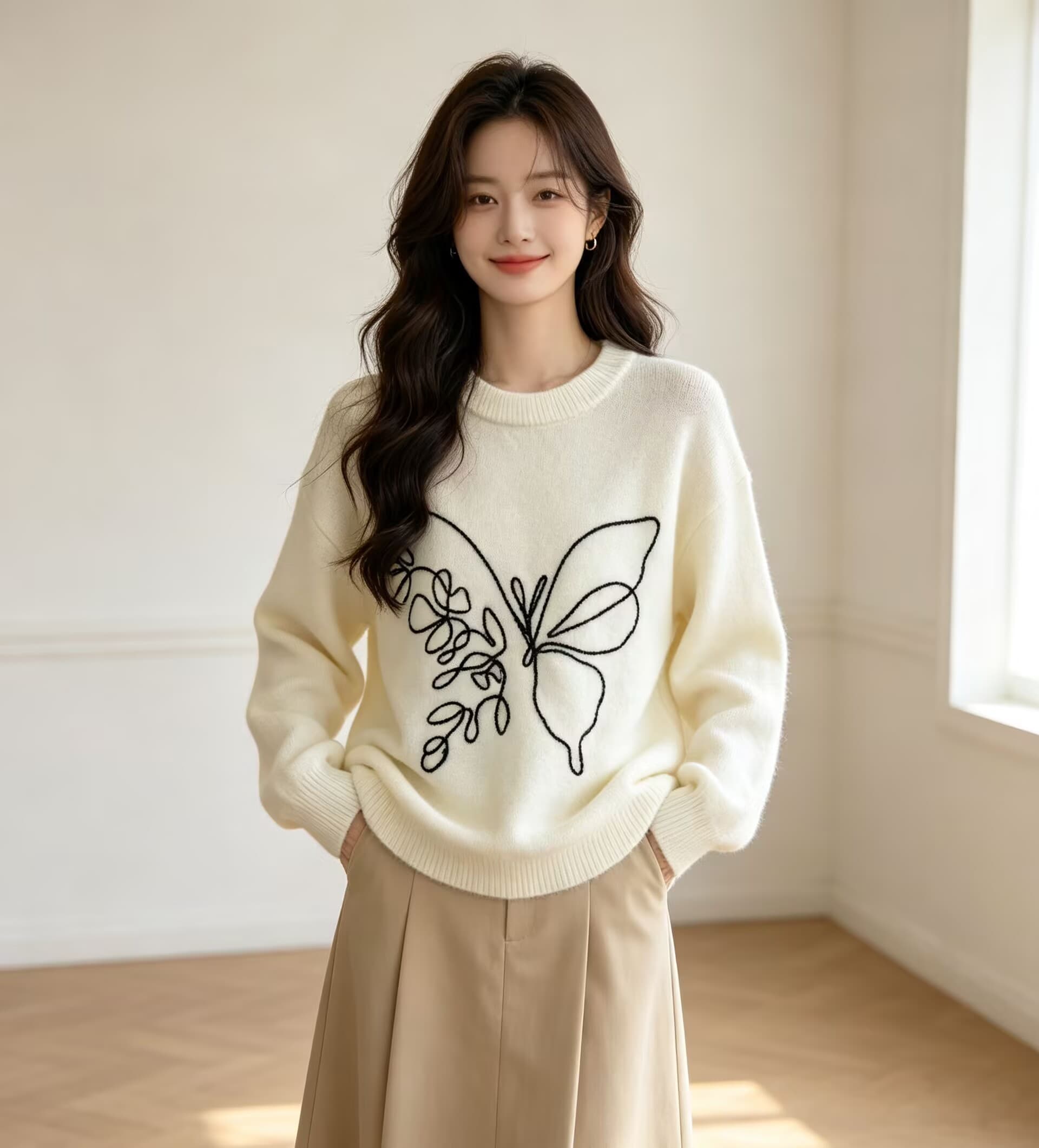 한 부서 레트로 자수 라운드 넥 스웨터 여자 가을 겨울 와이드 부드러운 찹쌀 니트 스웨터 고급 센스 슬림해 보이는 맨위
