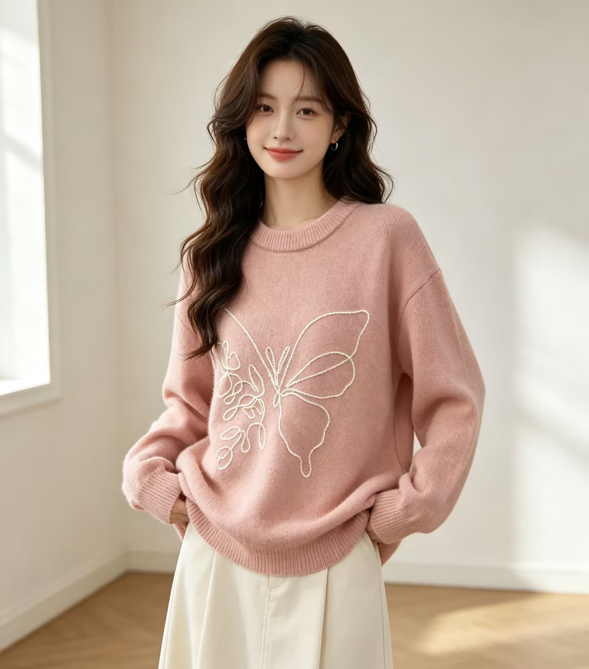 한 부서 레트로 자수 라운드 넥 스웨터 여자 가을 겨울 와이드 부드러운 찹쌀 니트 스웨터 고급 센스 슬림해 보이는 맨위 이미지 3