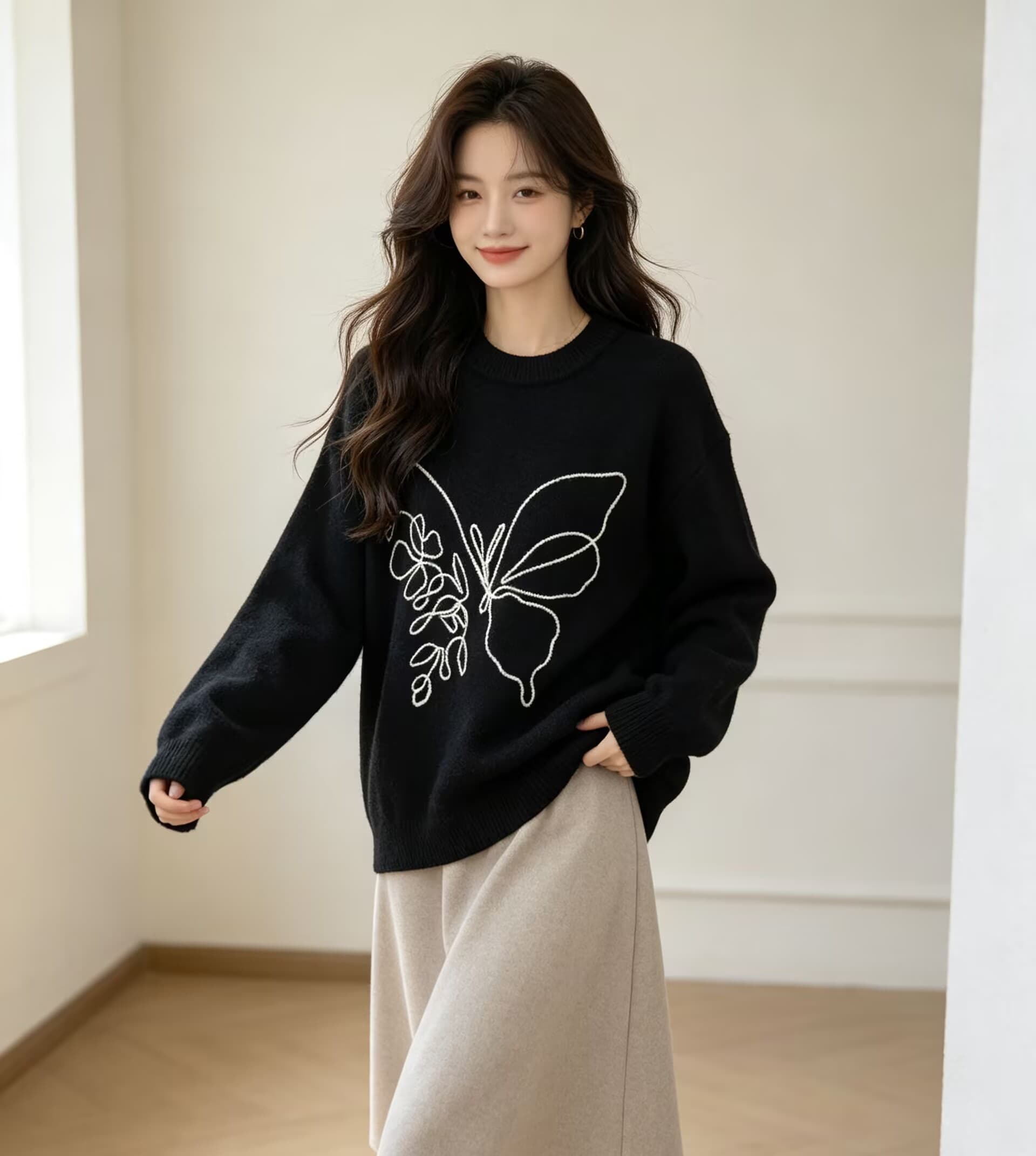 한 부서 레트로 자수 라운드 넥 스웨터 여자 가을 겨울 와이드 부드러운 찹쌀 니트 스웨터 고급 센스 슬림해 보이는 맨위 이미지 2