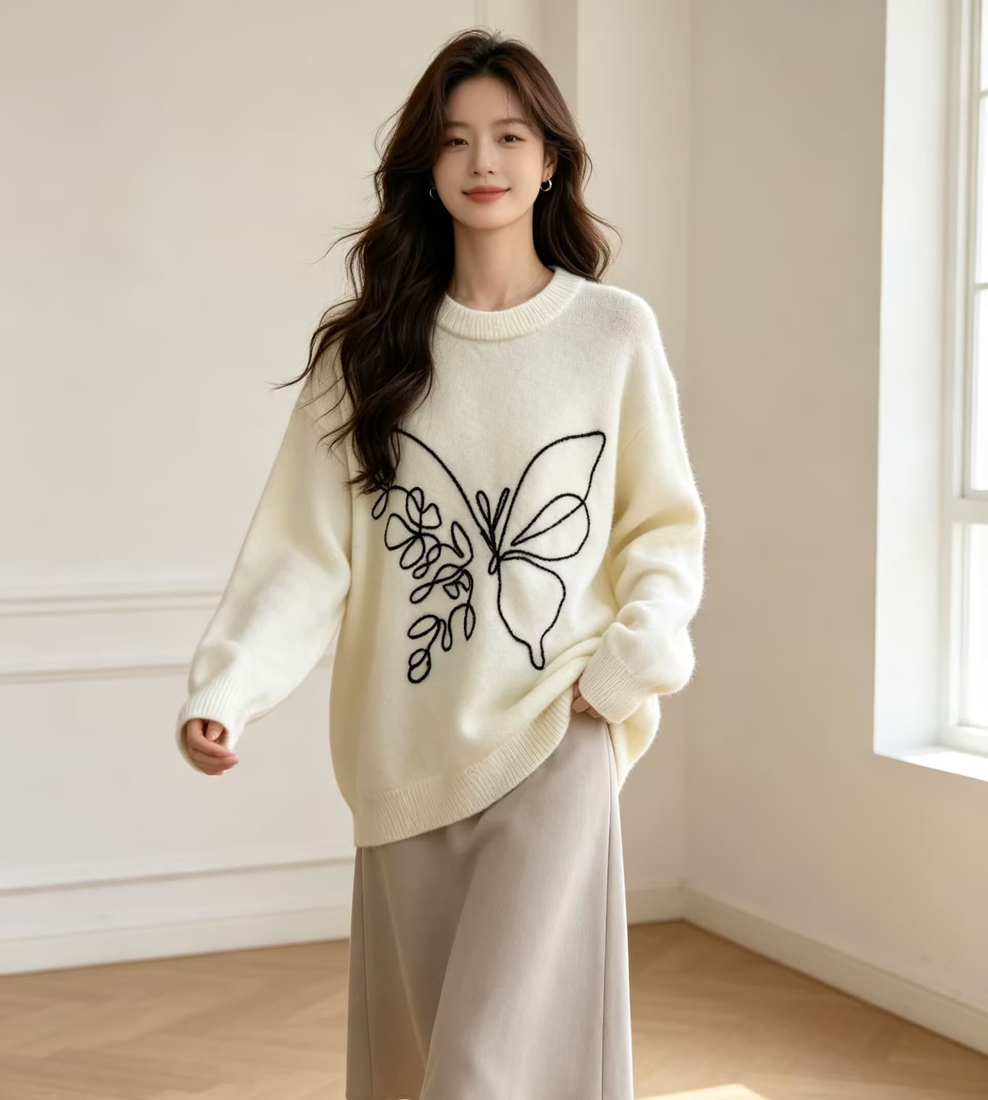 한 부서 레트로 자수 라운드 넥 스웨터 여자 가을 겨울 와이드 부드러운 찹쌀 니트 스웨터 고급 센스 슬림해 보이는 맨위 상세 이미지 2
