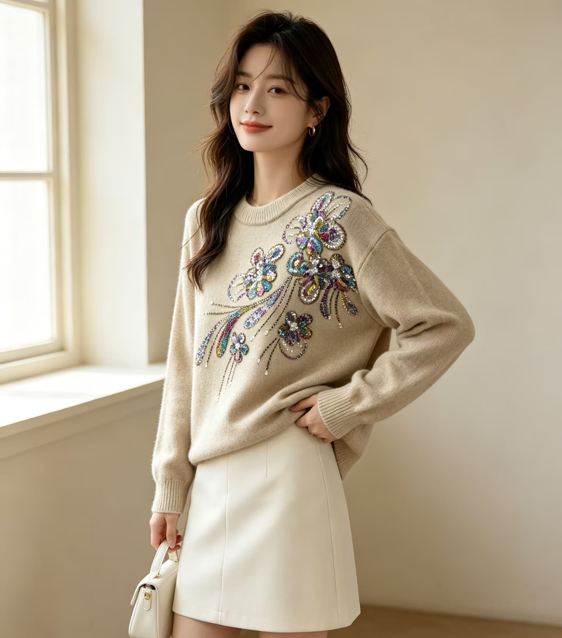 2026 가을 겨울 새로운 패션 다용도 슬림해 보이는 니트 스웨터 여성 디자인 센스 무거운 작업 자수 작은 대중 스웨터 맨위 상세 이미지 2