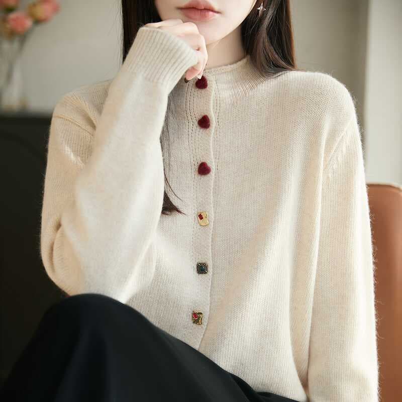 고유 한 자이언트 잘 생긴 하트 버클 반하이넥 니트 오픈 가디건 스웨터 여자 외국 가스 연령 감소 두꺼운 루즈핏 재킷 맨위 상세 이미지 1