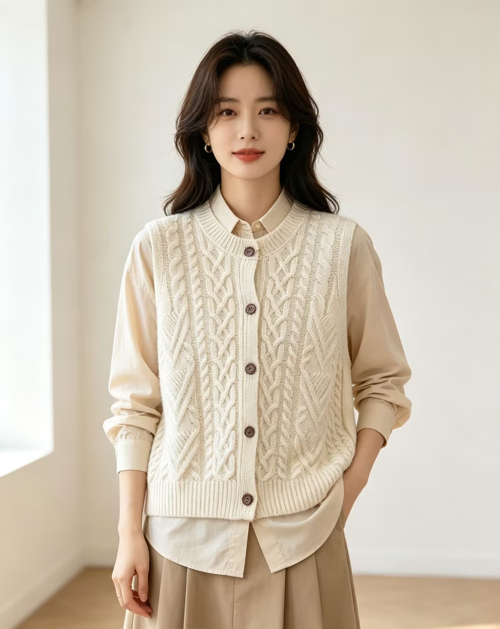 한 부서 가을 의상 새로운 고급 센스 꽈배기 스웨터 베스트 조끼 여성 스택 착용 자이언트 잘 생긴 민소매 니트 스웨터 맨위 상세 이미지 4