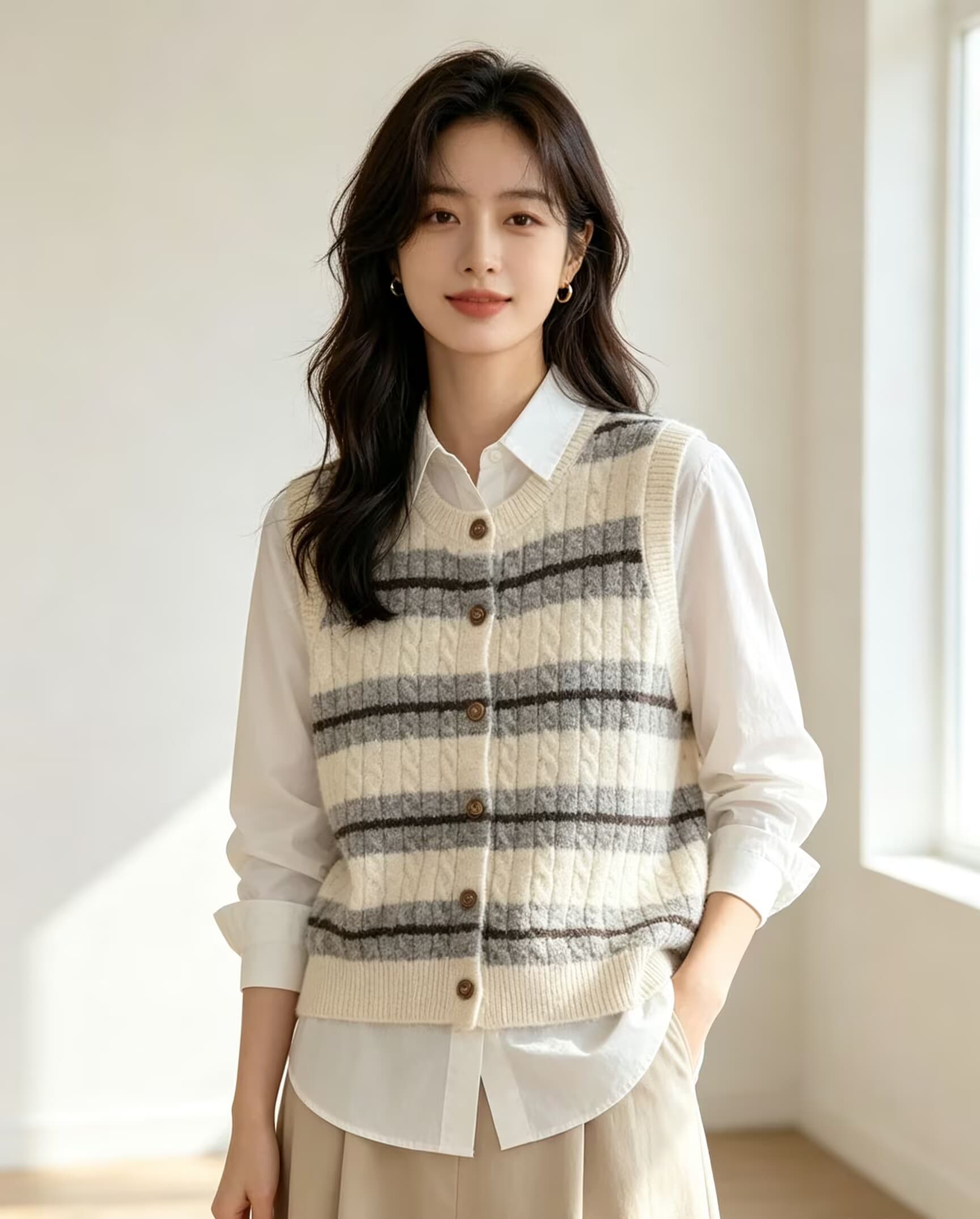한 부서 학원 스타일 스트라이프 니트 조끼 여자 라운드 넥 오픈 가디건 가을 새로운 루즈핏 다용도 스택 착용 조끼 외부 가져 가라. 상세 이미지 6
