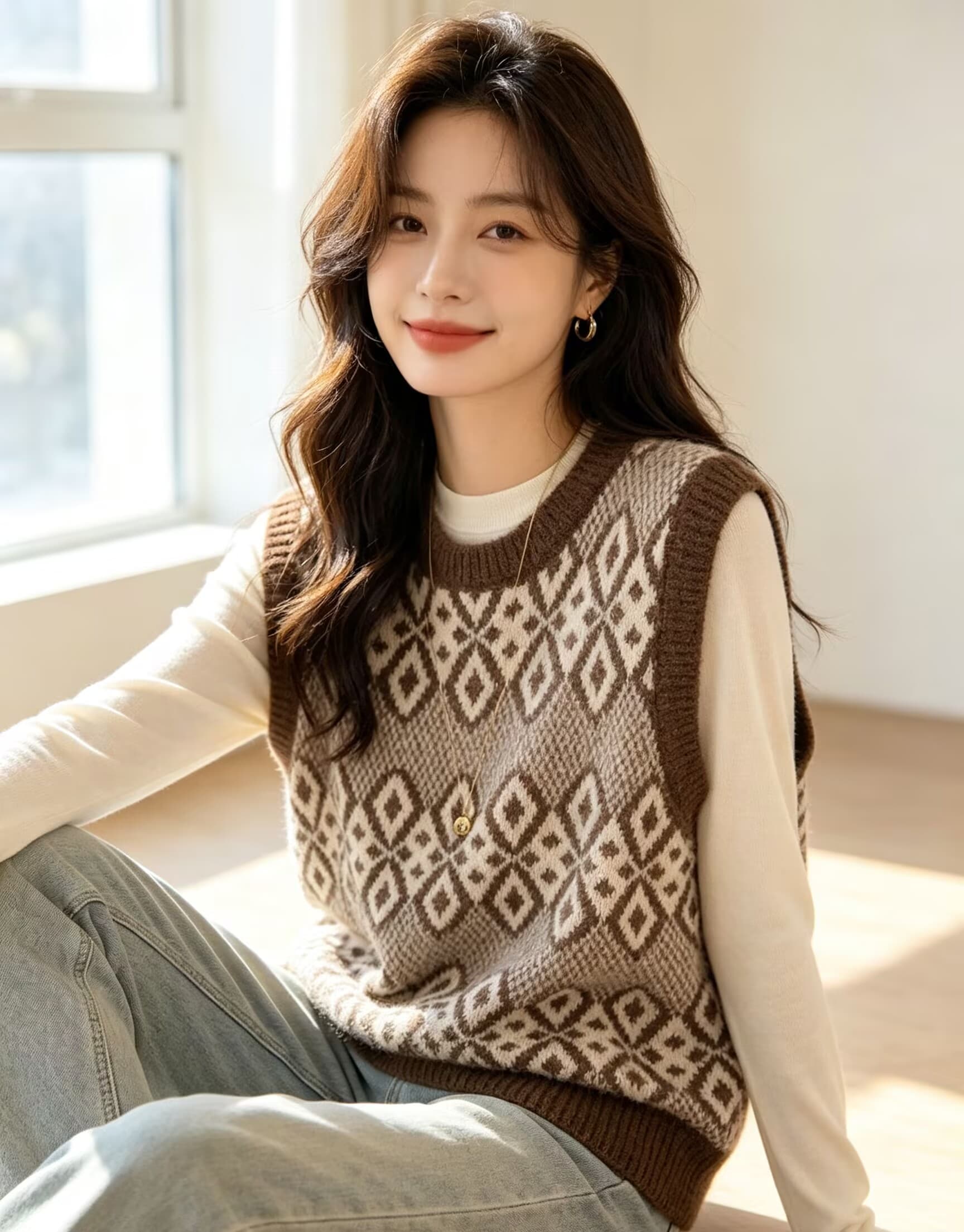 한 부서 레트로 스타일 다이아몬드 모양 자카드 니트 조끼 여자 이른 가을 새로운 배색 라운드 넥 스택 착용 민소매 어깨 맨위 상세 이미지 3