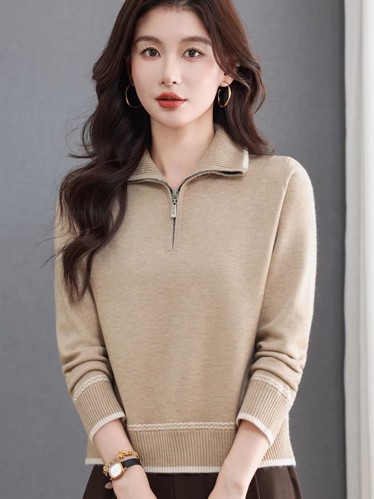 대외 무역 섹션 카디건 여성 의류 가을 겨울철 새로운 지퍼 폴로 칼라 스웨터 루즈핏 쇼트 스타일 니트 기본 셔츠 트렌디 이미지 3