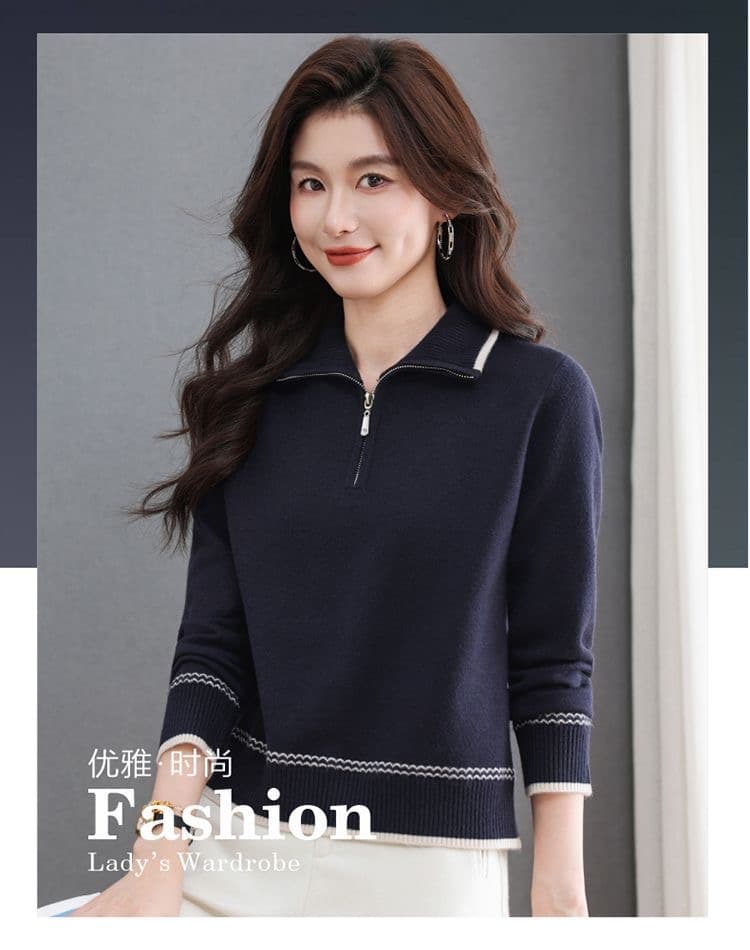 대외 무역 섹션 카디건 여성 의류 가을 겨울철 새로운 지퍼 폴로 칼라 스웨터 루즈핏 쇼트 스타일 니트 기본 셔츠 트렌디 상세 이미지 1