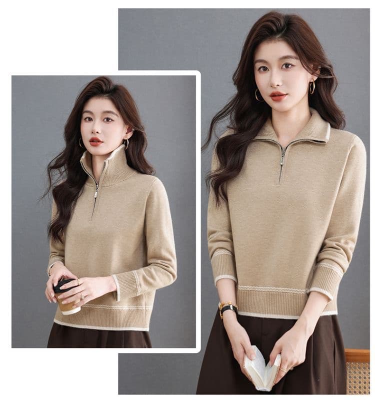 대외 무역 섹션 카디건 여성 의류 가을 겨울철 새로운 지퍼 폴로 칼라 스웨터 루즈핏 쇼트 스타일 니트 기본 셔츠 트렌디 상세 이미지 16