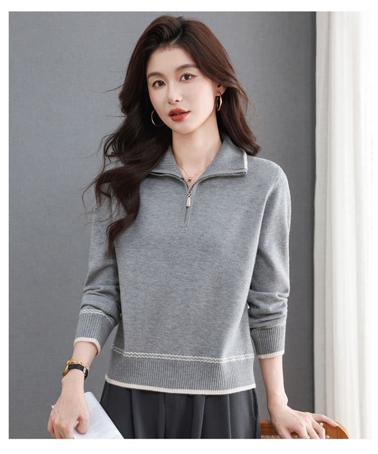 대외 무역 섹션 카디건 여성 의류 가을 겨울철 새로운 지퍼 폴로 칼라 스웨터 루즈핏 쇼트 스타일 니트 기본 셔츠 트렌디 상세 이미지 17