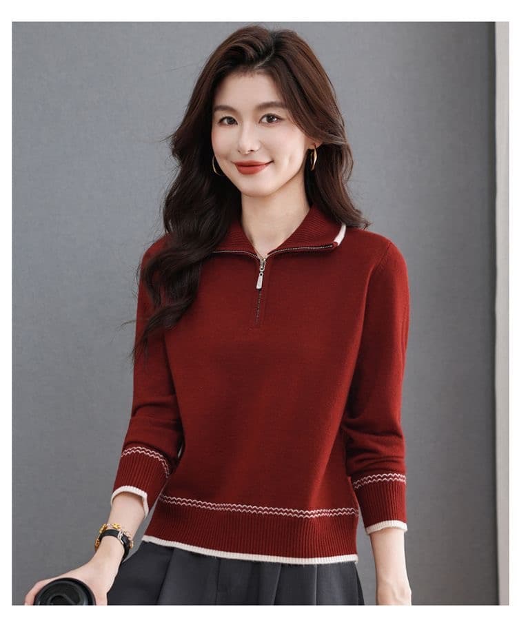 대외 무역 섹션 카디건 여성 의류 가을 겨울철 새로운 지퍼 폴로 칼라 스웨터 루즈핏 쇼트 스타일 니트 기본 셔츠 트렌디 상세 이미지 22