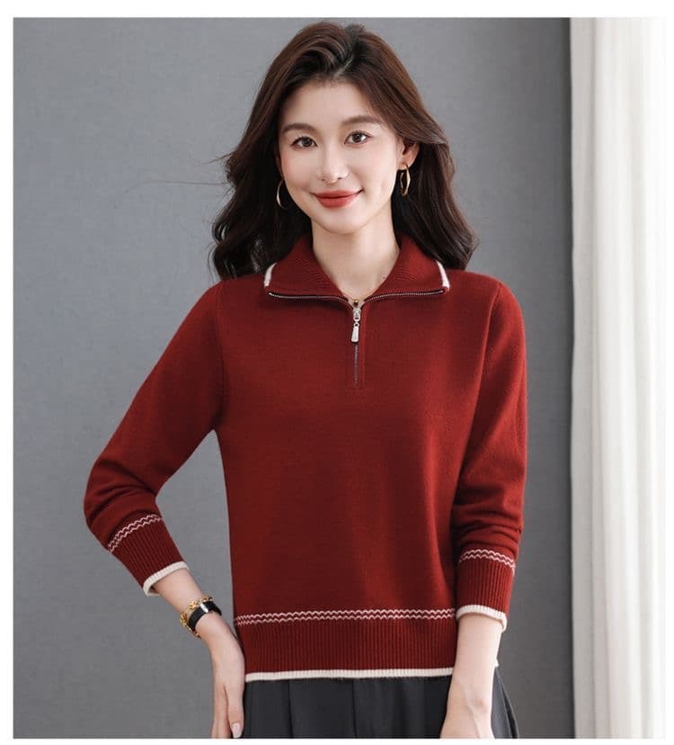 대외 무역 섹션 카디건 여성 의류 가을 겨울철 새로운 지퍼 폴로 칼라 스웨터 루즈핏 쇼트 스타일 니트 기본 셔츠 트렌디 상세 이미지 24