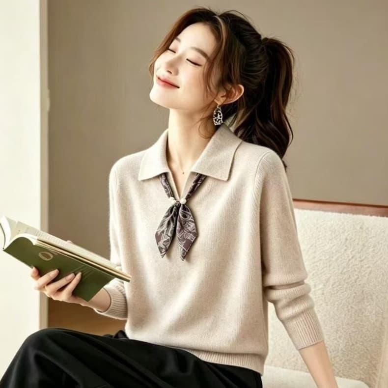 한 부서 작은 샤넬 스타일 반 개방 POLO 칼라 경기 스카프 스웨터 여자 가을 겨울 회색 니트 만나는 맨위