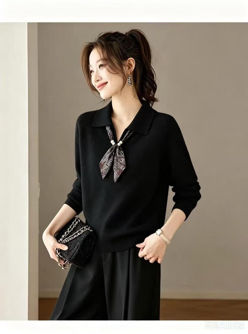 한 부서 작은 샤넬 스타일 반 개방 POLO 칼라 경기 스카프 스웨터 여자 가을 겨울 회색 니트 만나는 맨위 상세 이미지 2