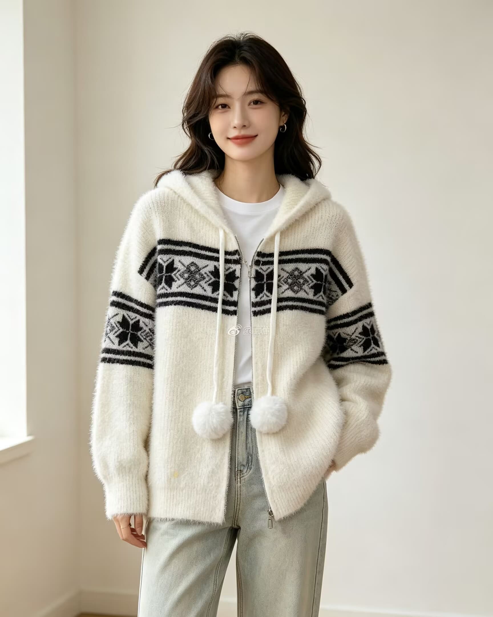 한 부서 지퍼 모피 칼라 후드 스웨터 여성 코트 조기 가을 두꺼운 루즈핏 느긋한 바람 니트 오픈 가디건 상세 이미지 9