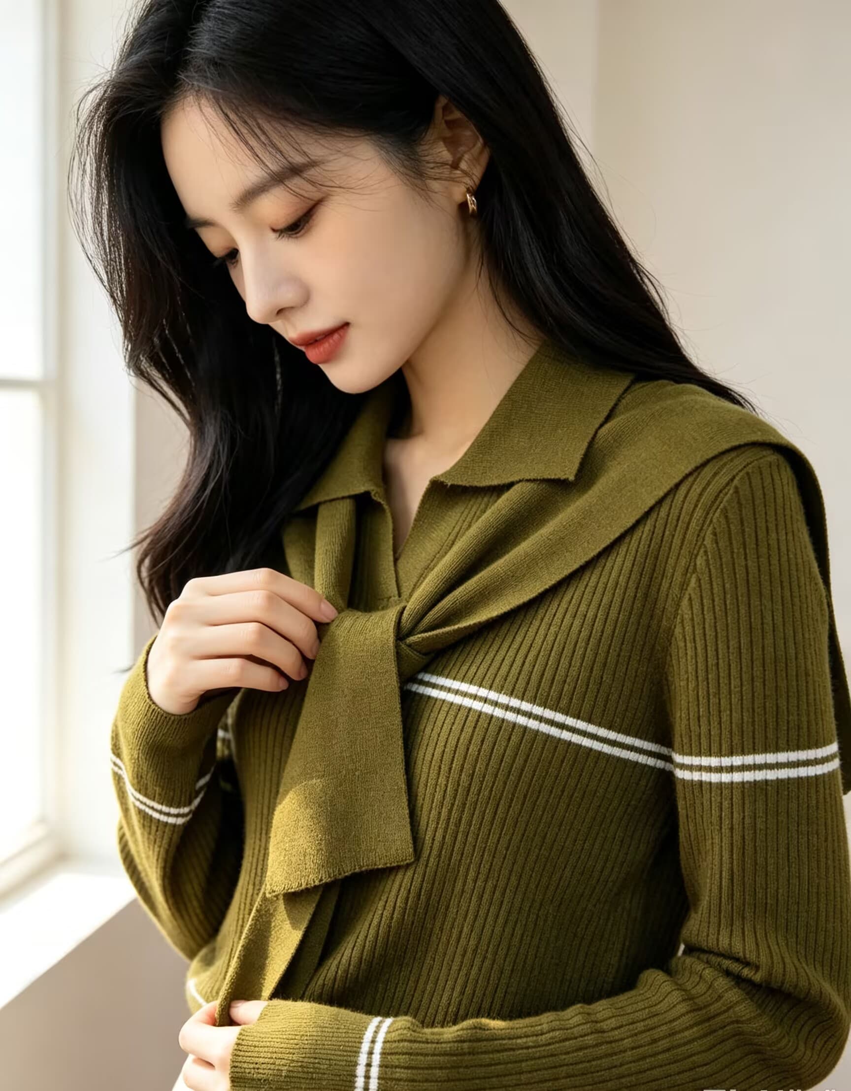 한 부서 학원 스타일 긴팔 POLO 칼라 스트라이프 니트 스웨터 여성 가을 새로운 몸매 가꾸기 슬림해 보이는 다용도 티셔츠 맨위 이미지 4