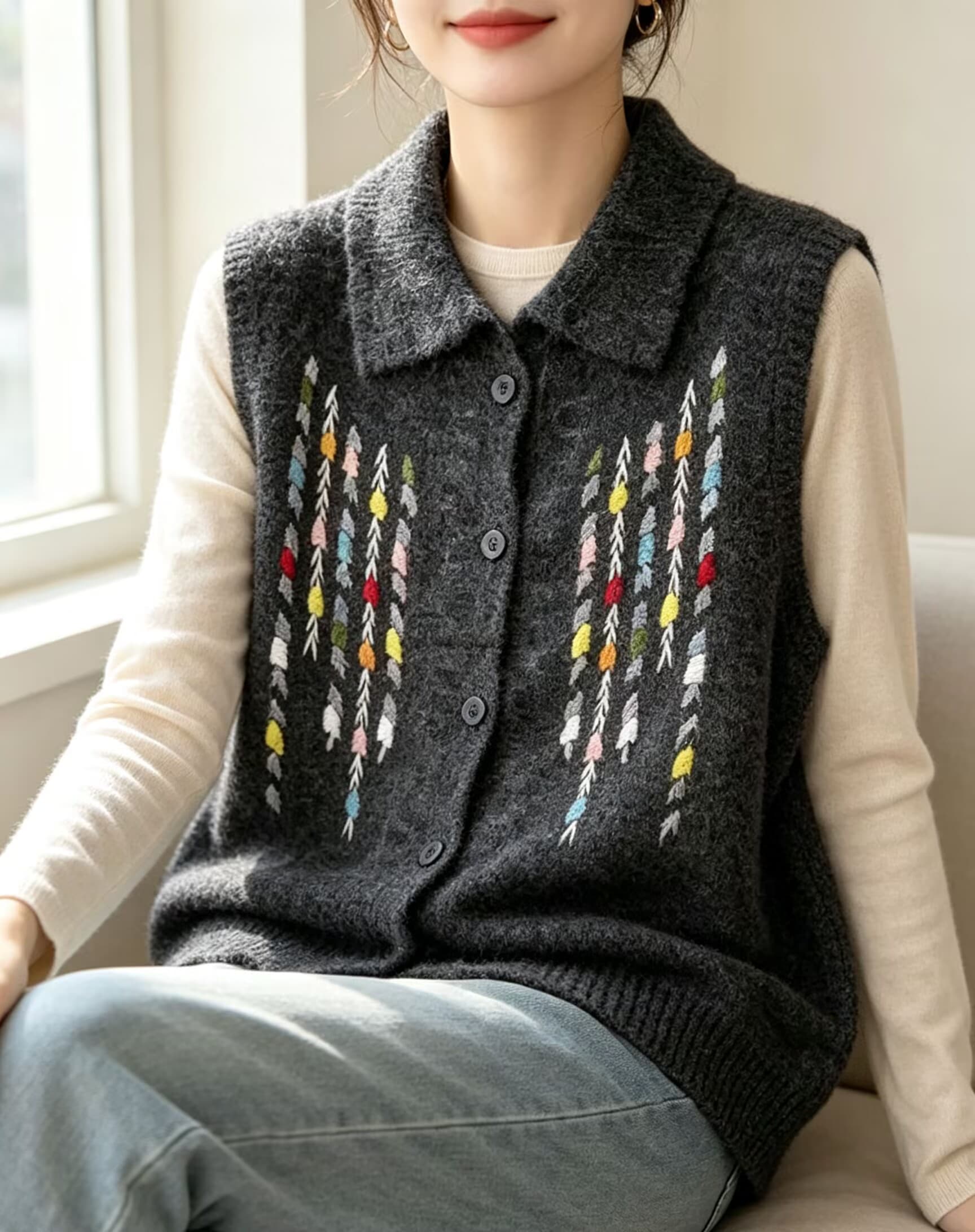 한 스타일 가을 겨울 의류 새로운 프랑스식 폴로 칼라 민소매 외출용 스택 착용 연령 감소 색상 자수 스웨터 베스트 조끼 여성 상세 이미지 7