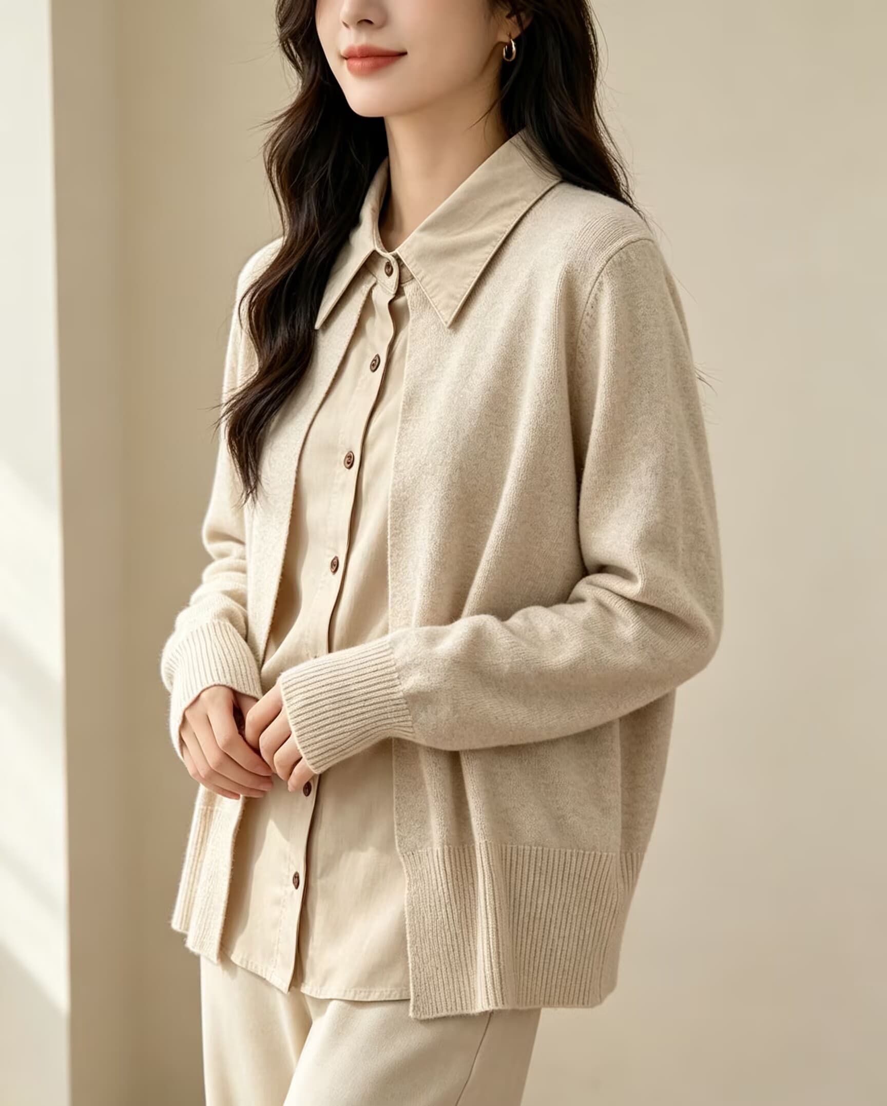 한국 스타일 빛 럭셔리 바람 셔츠 패치워크 폴로 칼라 페이크 레이어드 긴팔 니트 스웨터 여성 가을 싱글 줄 버튼 다용도 출퇴근 맨위 상세 이미지 13