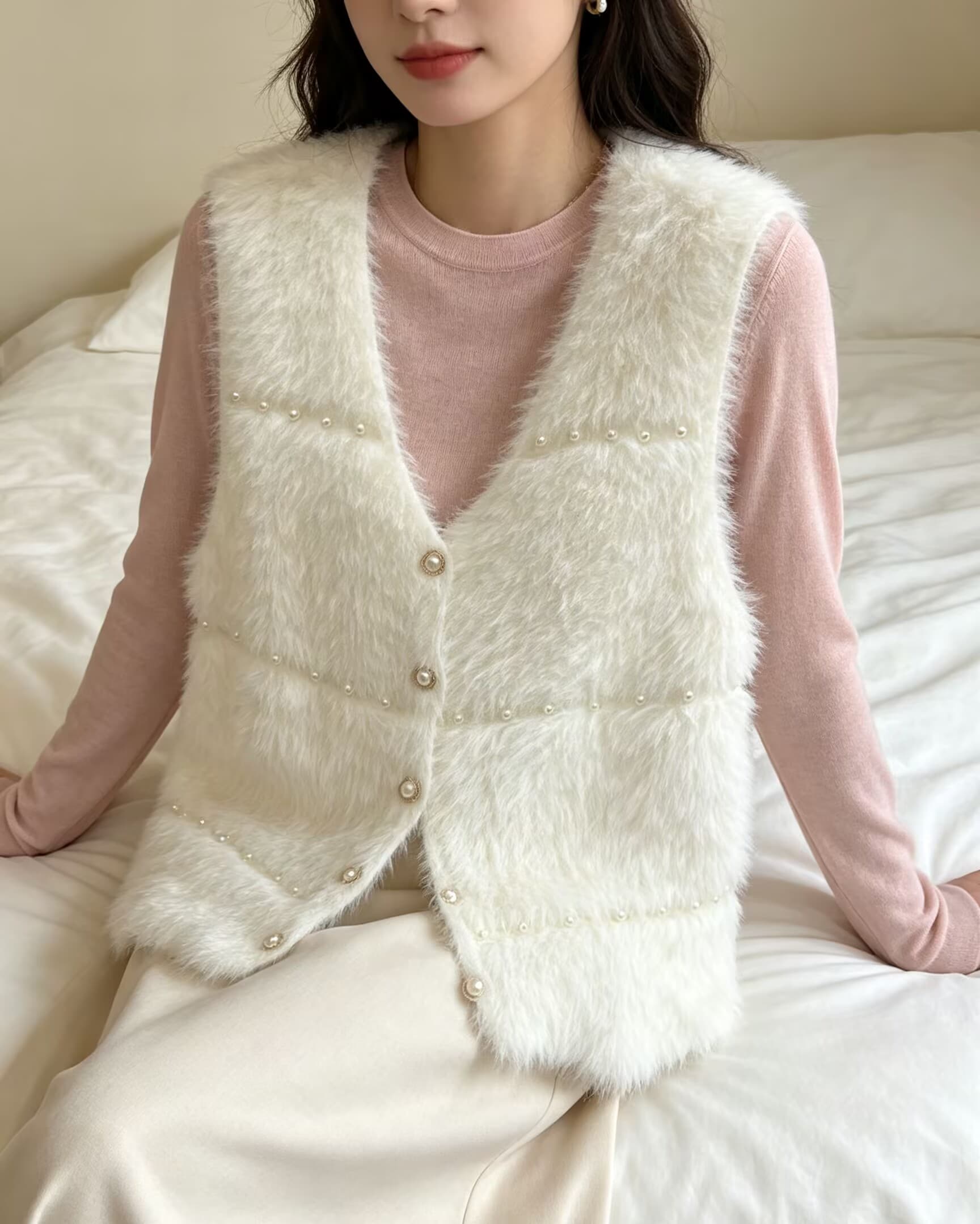 가을 겨울철 보온 불규칙 V넥 모방 밍크 플리스 모피 베스트 싱글 줄 버튼 진주 버클 어깨 외부 가져 가라. 조끼 상세 이미지 2