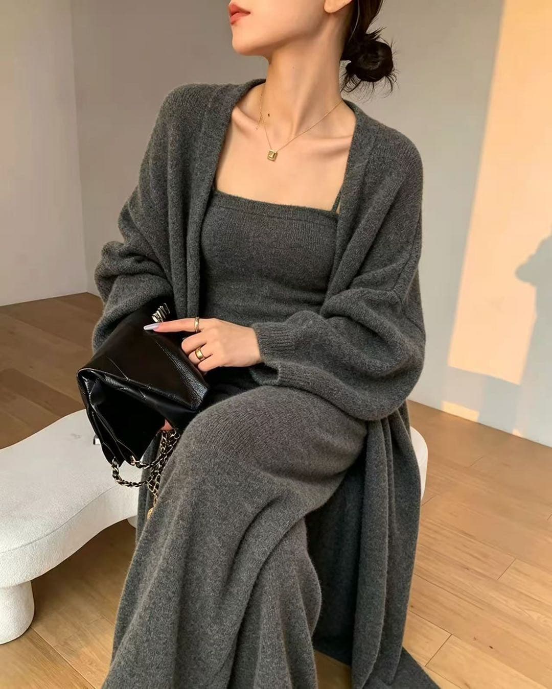 가을 겨울 새로운 한국 스타일 니트 오픈 가디건 캐미솔 와이드 레그 팬츠 3종 세트 루즈핏 느긋한 품격 스웨터 세트 상세 이미지 1