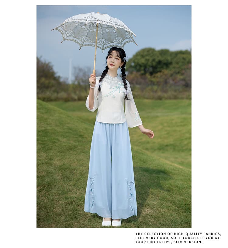 실사 새로운 봄 여름 섹션 민족 스타일 7부 소매 몸매 가꾸기 스탠드 칼라 자수 개선 치파오 달콤함 맨위 세트 상세 이미지 11
