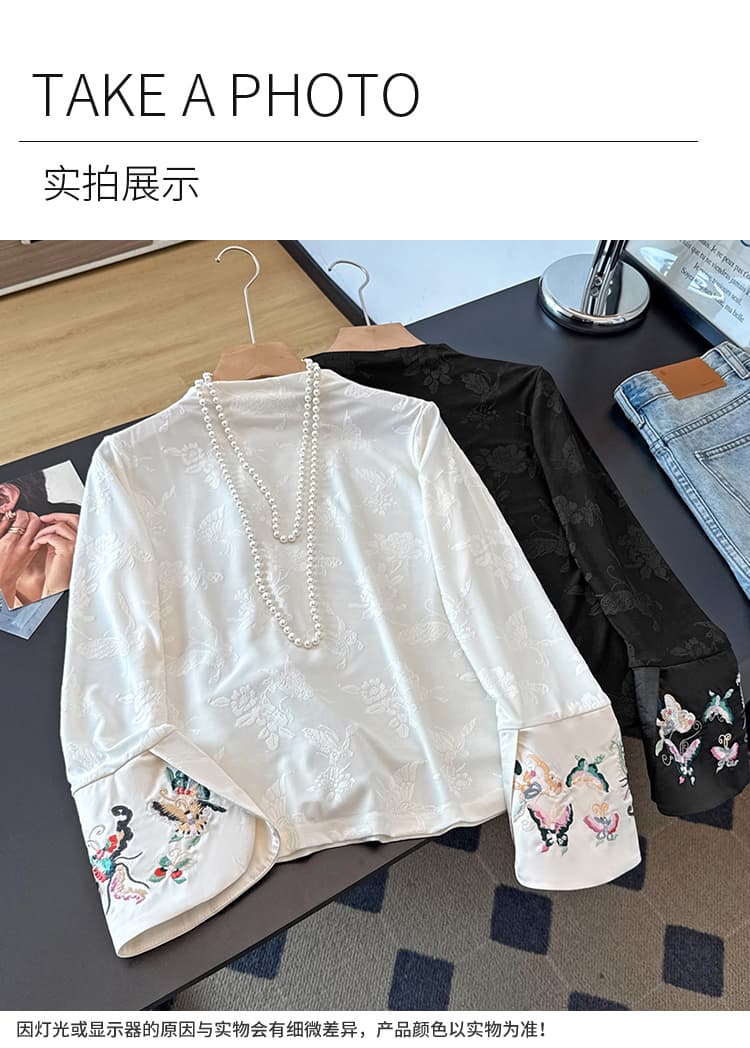 실사 오리지널 국풍 자수 긴팔 티셔츠 여성 새로운 중식 몸매 가꾸기 털이 있는 반하이넥 기본 셔츠 맨위 상세 이미지 10