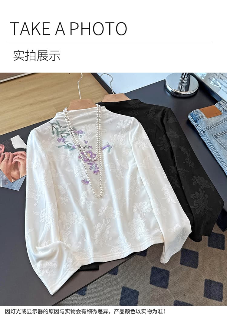 실사 오리지널 국풍 자수 긴팔 티셔츠 여성 새로운 중식 몸매 가꾸기 털이 있는 반하이넥 기본 셔츠 맨위 상세 이미지 10