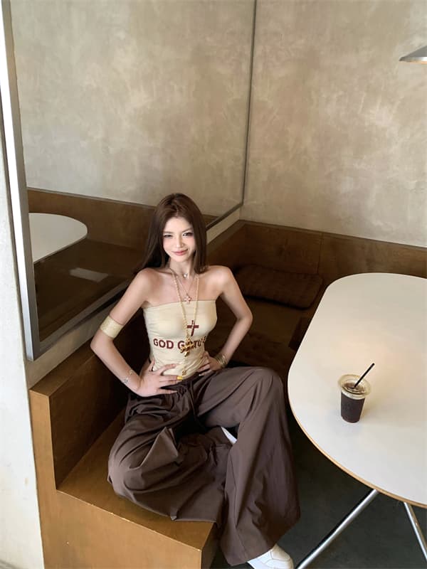실사 오프숄더 아메리칸 핫걸 십자가 슬림해 보이는 조끼 여성 넓은 다리 루즈핏 워크웨어 팬츠 세트 여름 여성 상세 이미지 3