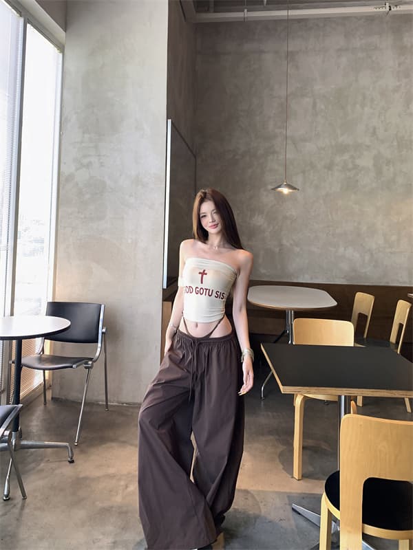 실사 오프숄더 아메리칸 핫걸 십자가 슬림해 보이는 조끼 여성 넓은 다리 루즈핏 워크웨어 팬츠 세트 여름 여성 상세 이미지 9