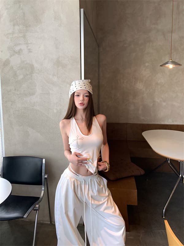 실사 뒤로 비틀림 단어 조끼 외출용 슬립 페이크 레이어드 패치워크 루즈핏 느긋한 와이드 레그 팬츠 세트 상세 이미지 2