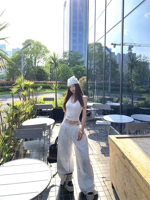 실사 뒤로 비틀림 단어 조끼 외출용 슬립 페이크 레이어드 패치워크 루즈핏 느긋한 와이드 레그 팬츠 세트 상세 이미지 3