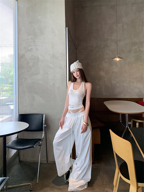 실사 뒤로 비틀림 단어 조끼 외출용 슬립 페이크 레이어드 패치워크 루즈핏 느긋한 와이드 레그 팬츠 세트 상세 이미지 6