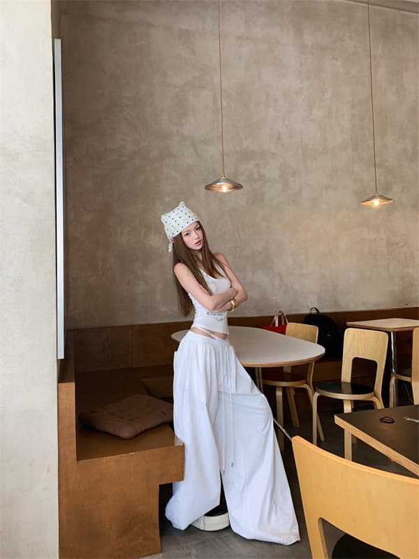 실사 뒤로 비틀림 단어 조끼 외출용 슬립 페이크 레이어드 패치워크 루즈핏 느긋한 와이드 레그 팬츠 세트 상세 이미지 7