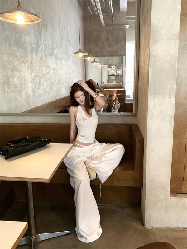 실사 뒤로 비틀림 단어 조끼 외출용 슬립 페이크 레이어드 패치워크 루즈핏 느긋한 와이드 레그 팬츠 세트 상세 이미지 9